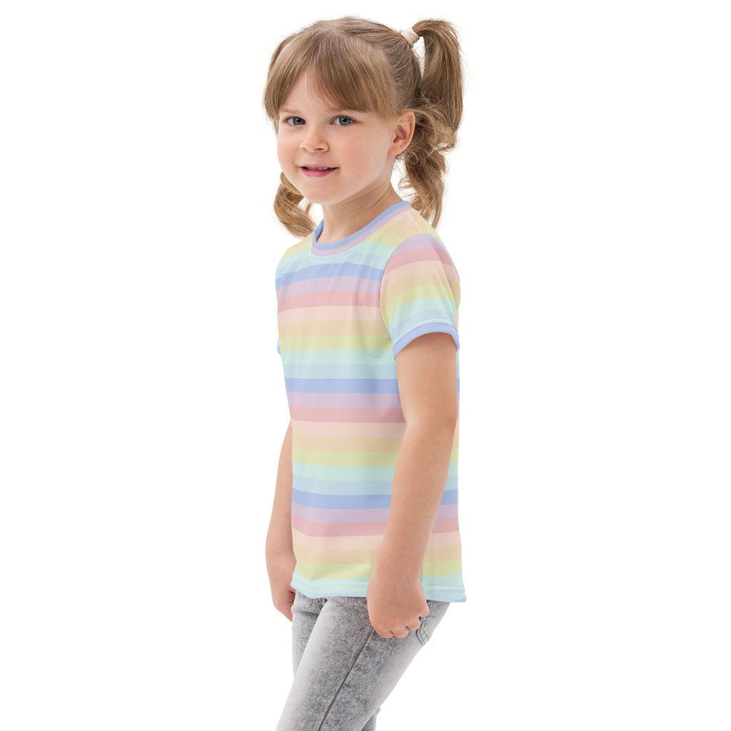 Girls pastel rainbow stripes cotton t-shirt featuring soft cotton fabric and colorful pastel rainbow stripes