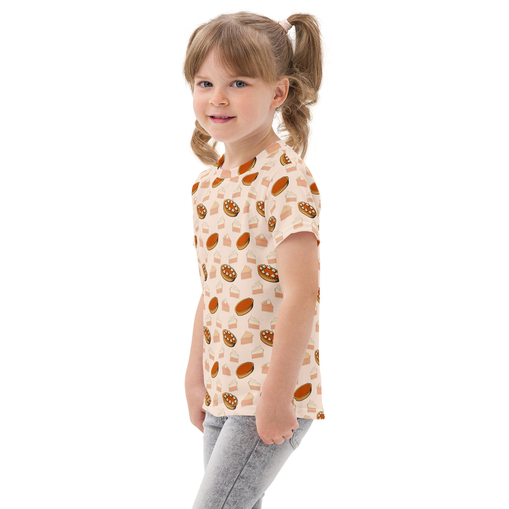 Kids pumpkin pie thanksgiving cotton t-shirt in soft cream with short sleeves and playful pie and pastry print