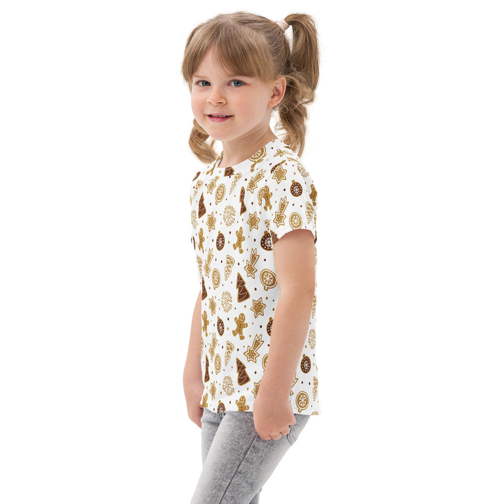 White kids cotton t-shirt with short sleeves featuring festive gingerbread cookies stars and ornaments pattern