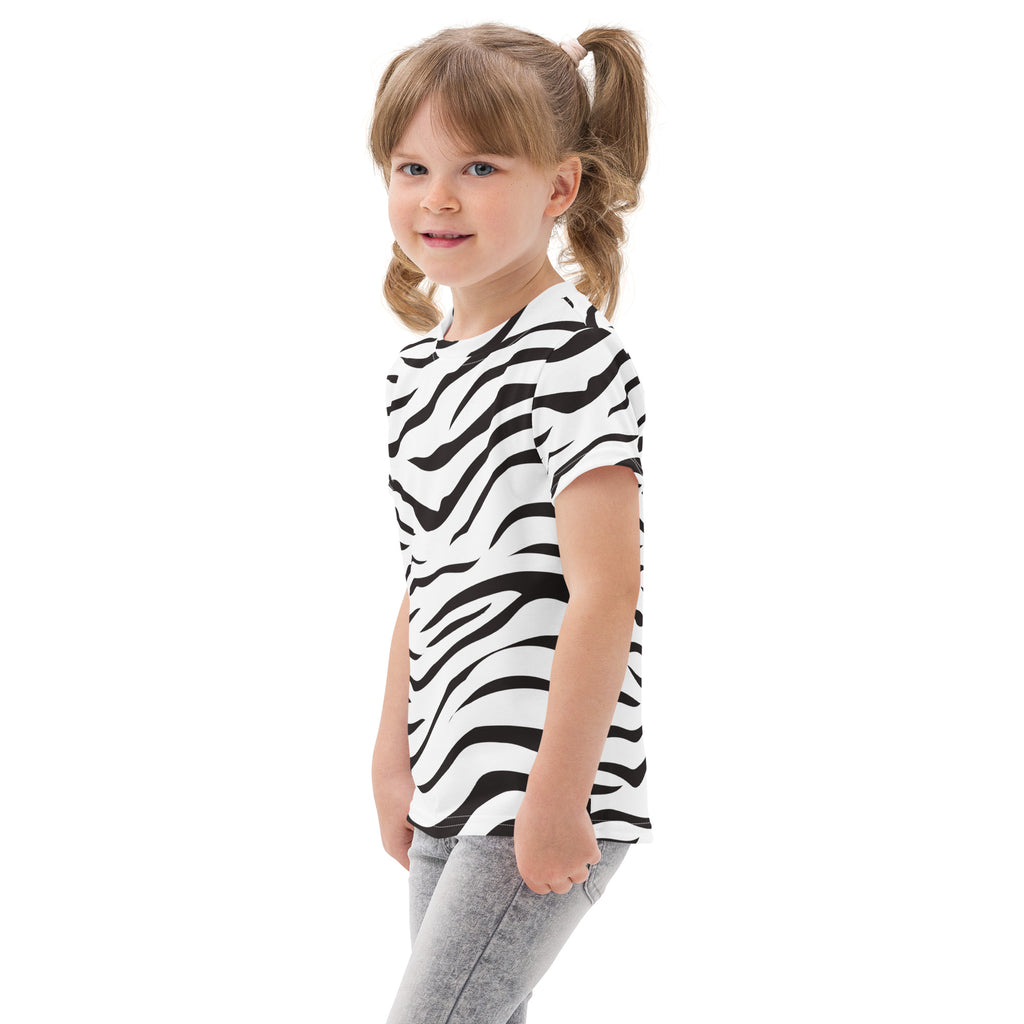 A child wearing a black and white zebra print cotton kids short sleeve t-shirt