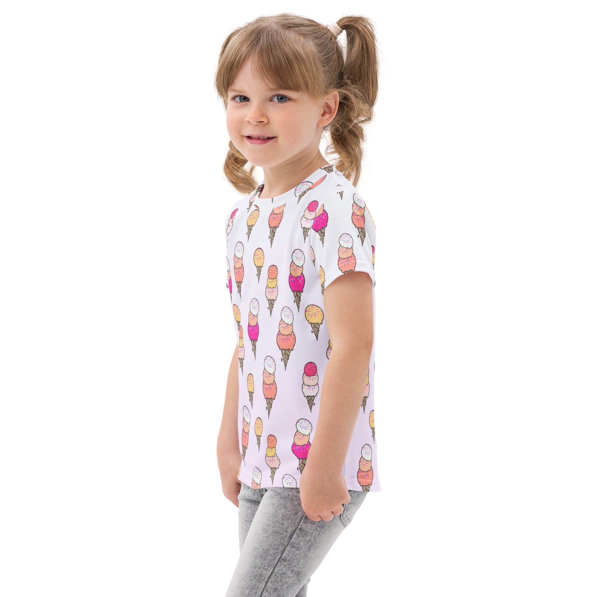 Kids ice cream cone cotton t-shirt in white with colorful pink orange and yellow ice cream cone pattern