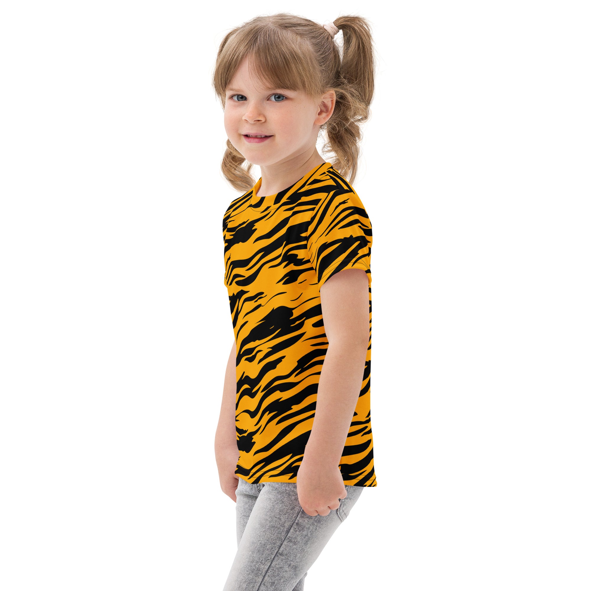 Kids tiger stripes cotton t-shirt featuring yellow and black striped pattern designed for children