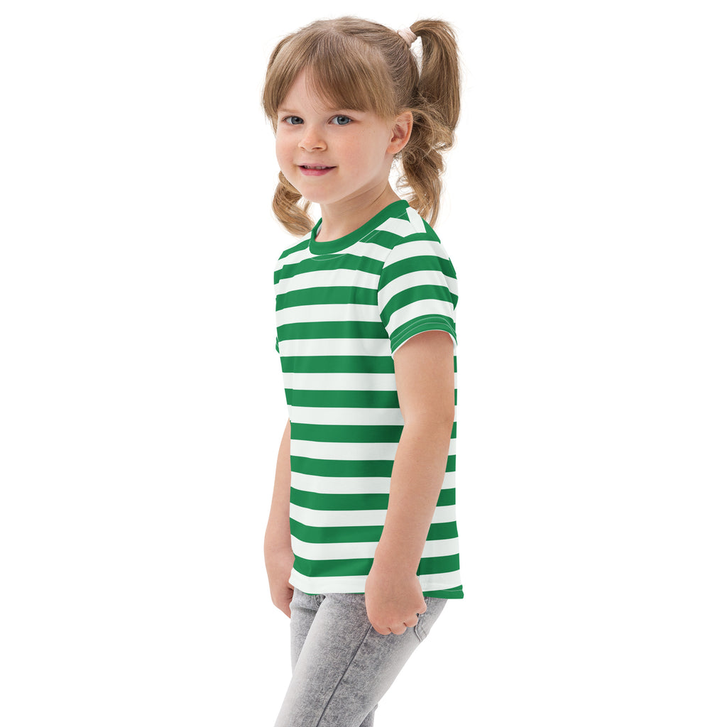 Kids green and white striped cotton t-shirt featuring horizontal stripes and short sleeves for casual wear