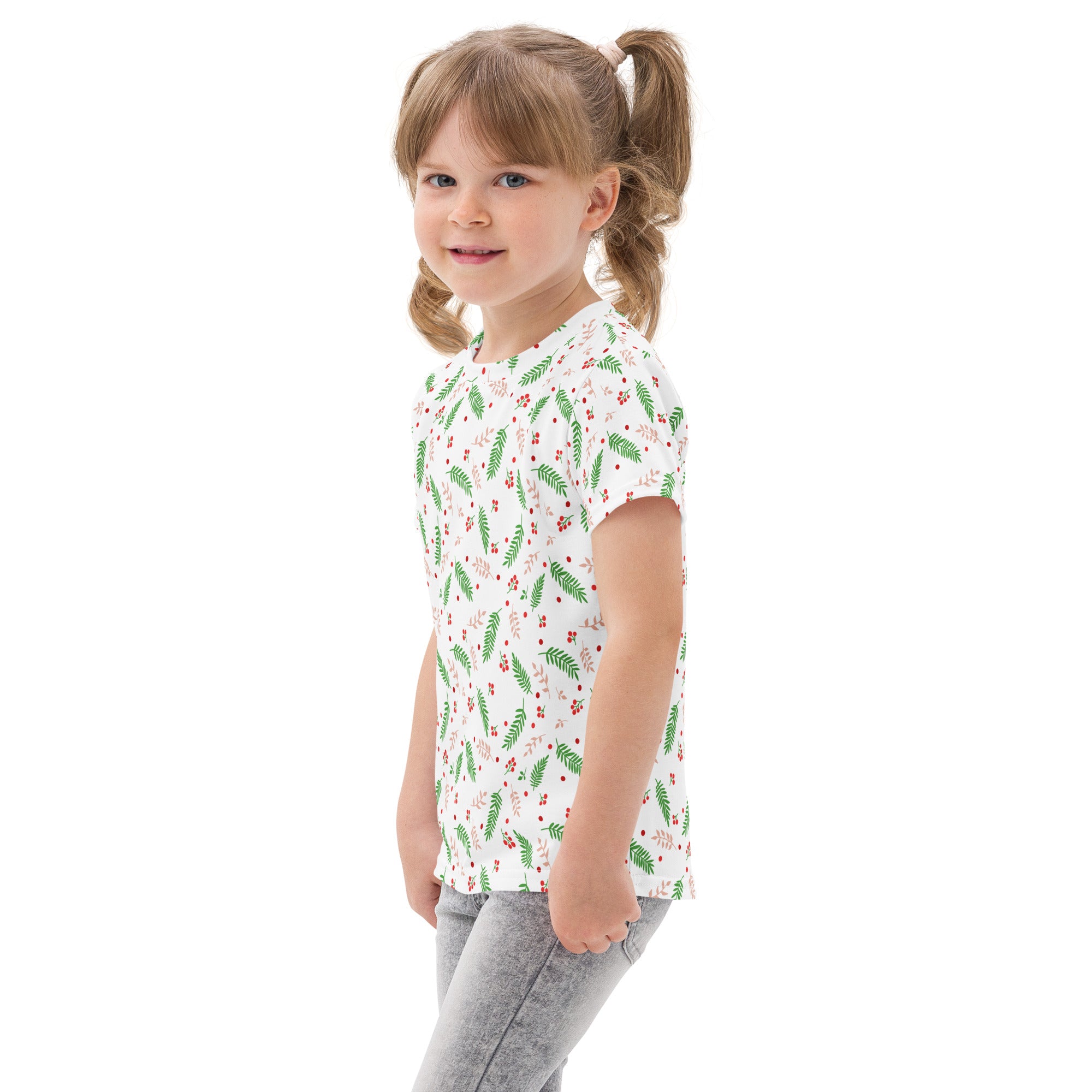 Kids holly berry christmas cotton t-shirt white short-sleeve with green fern and red berry pattern
