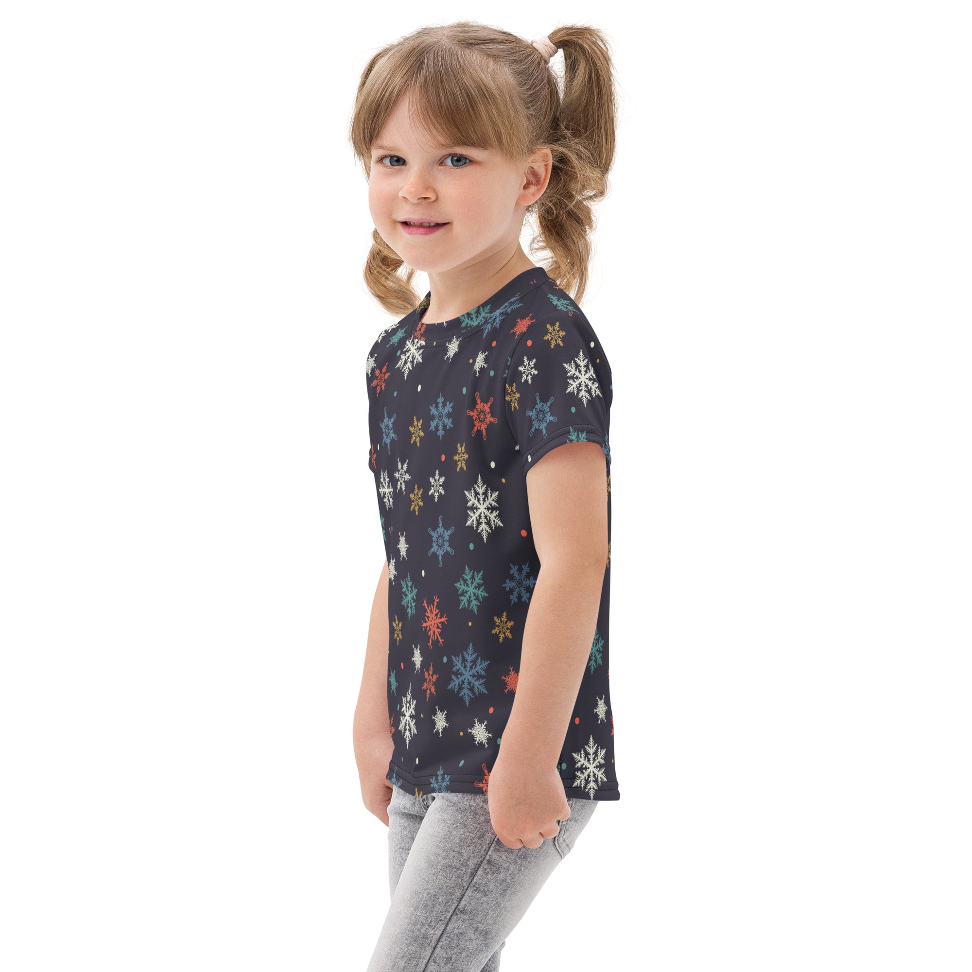 Kids colorful snowflakes cotton t-shirt in dark navy with multicolored snowflake pattern in white red teal and gold