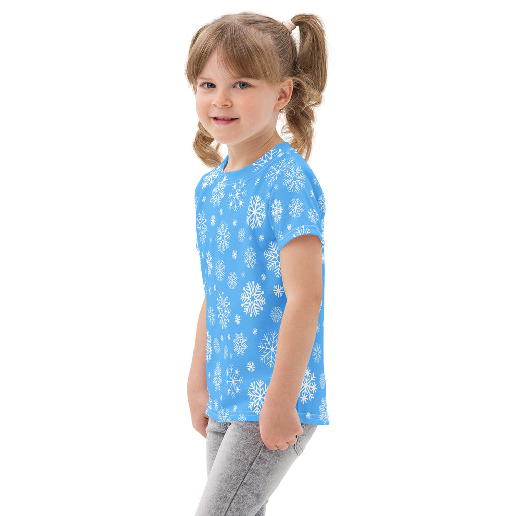 Kids blue snowflakes cotton t-shirt with light blue fabric and white snowflake pattern short sleeves