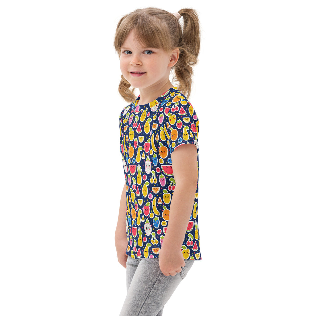 Kids emoji fruit cotton t-shirt navy blue short-sleeved with playful colorful cartoon fruit pattern and smiling faces