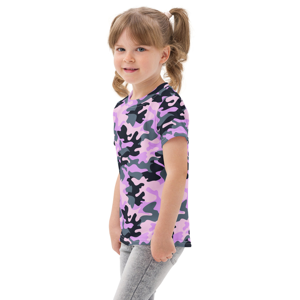 Girls purple camouflage cotton t-shirt with short sleeves featuring vibrant lavender and dark gray pattern