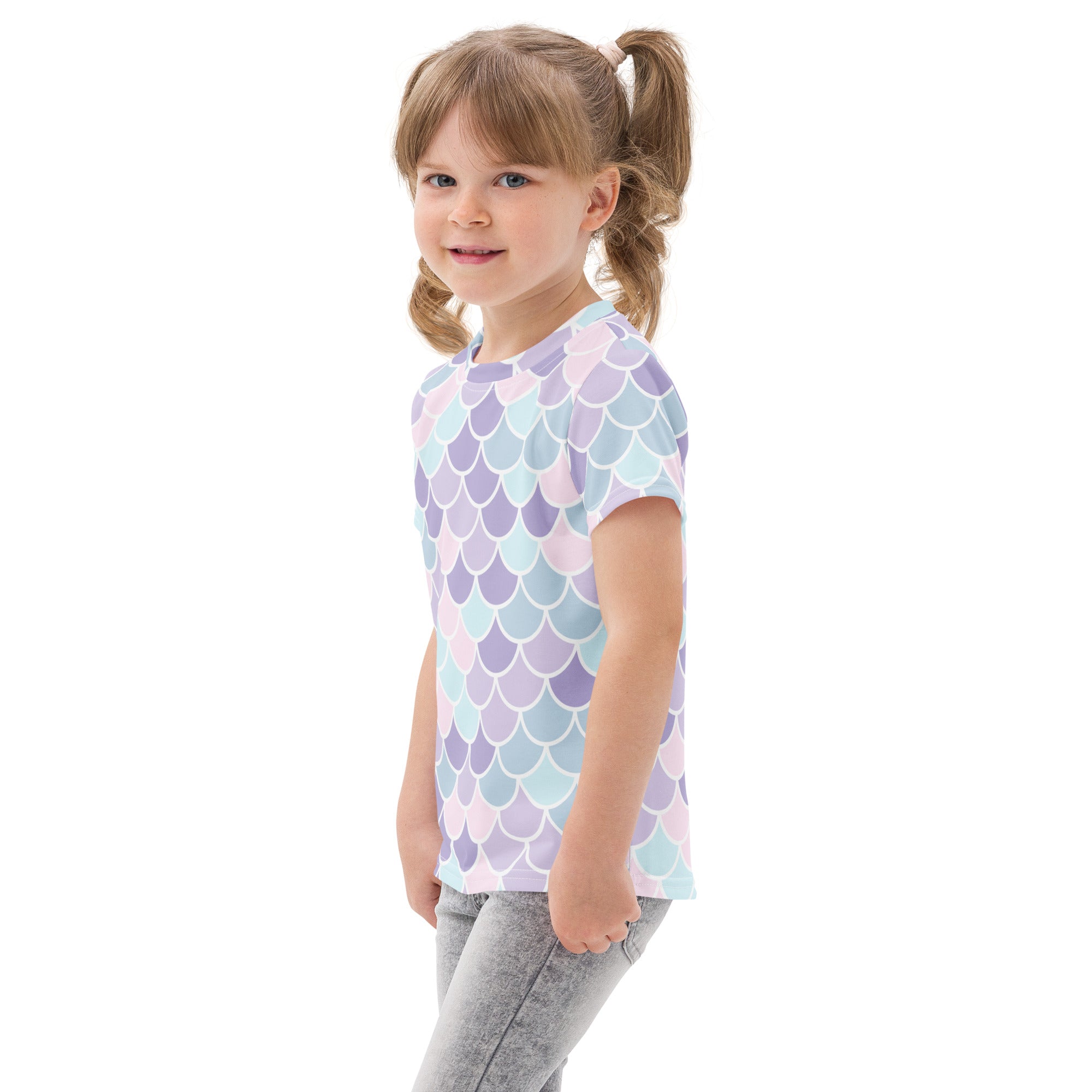 Girls pastel mermaid scales cotton t-shirt with short sleeves and a soft lavender light blue and pale pink pattern