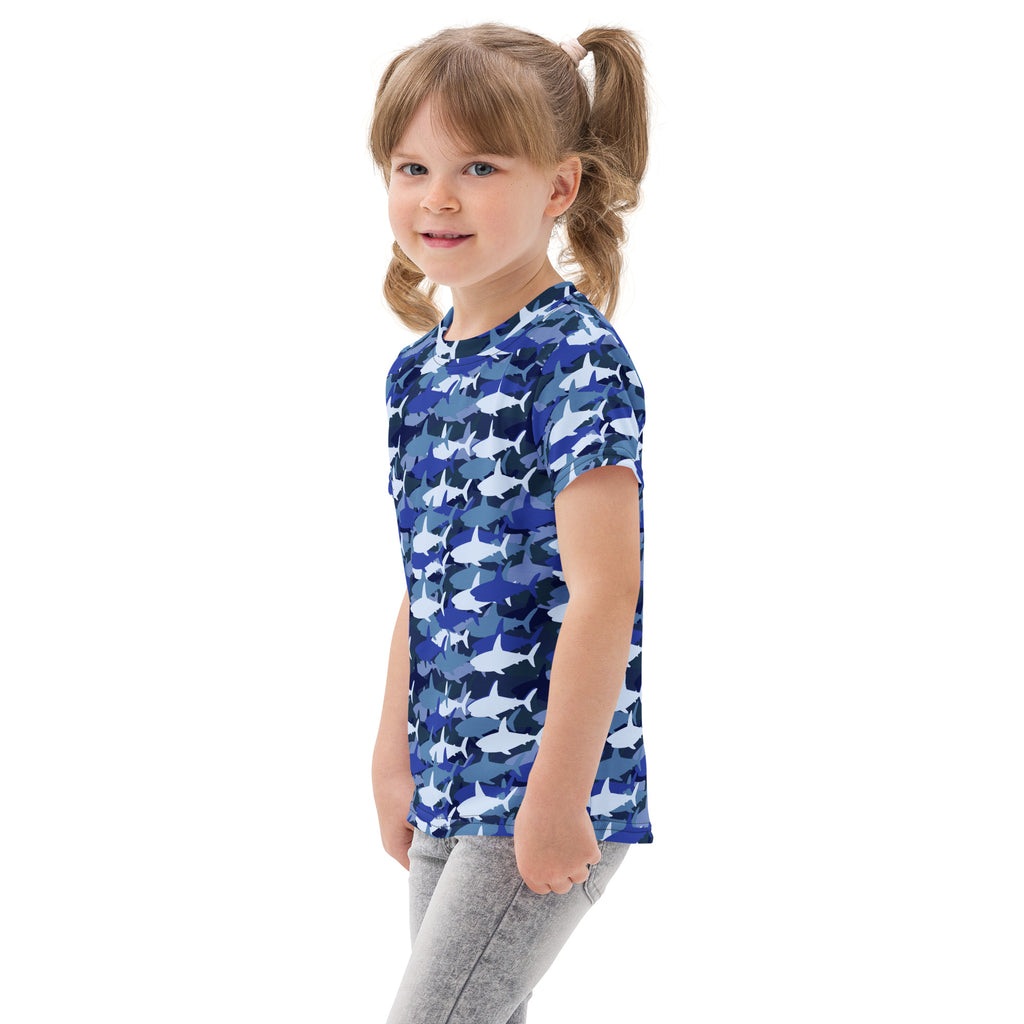 Kids blue shark camo cotton t-shirt featuring a blue and white shark pattern for casual wear