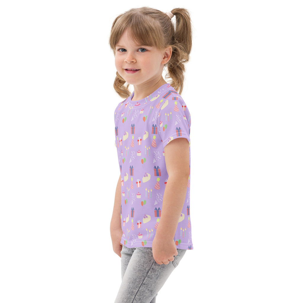 Kids purple birthday party cotton t-shirt with lavender color and playful cartoon gifts cupcakes and party hats pattern