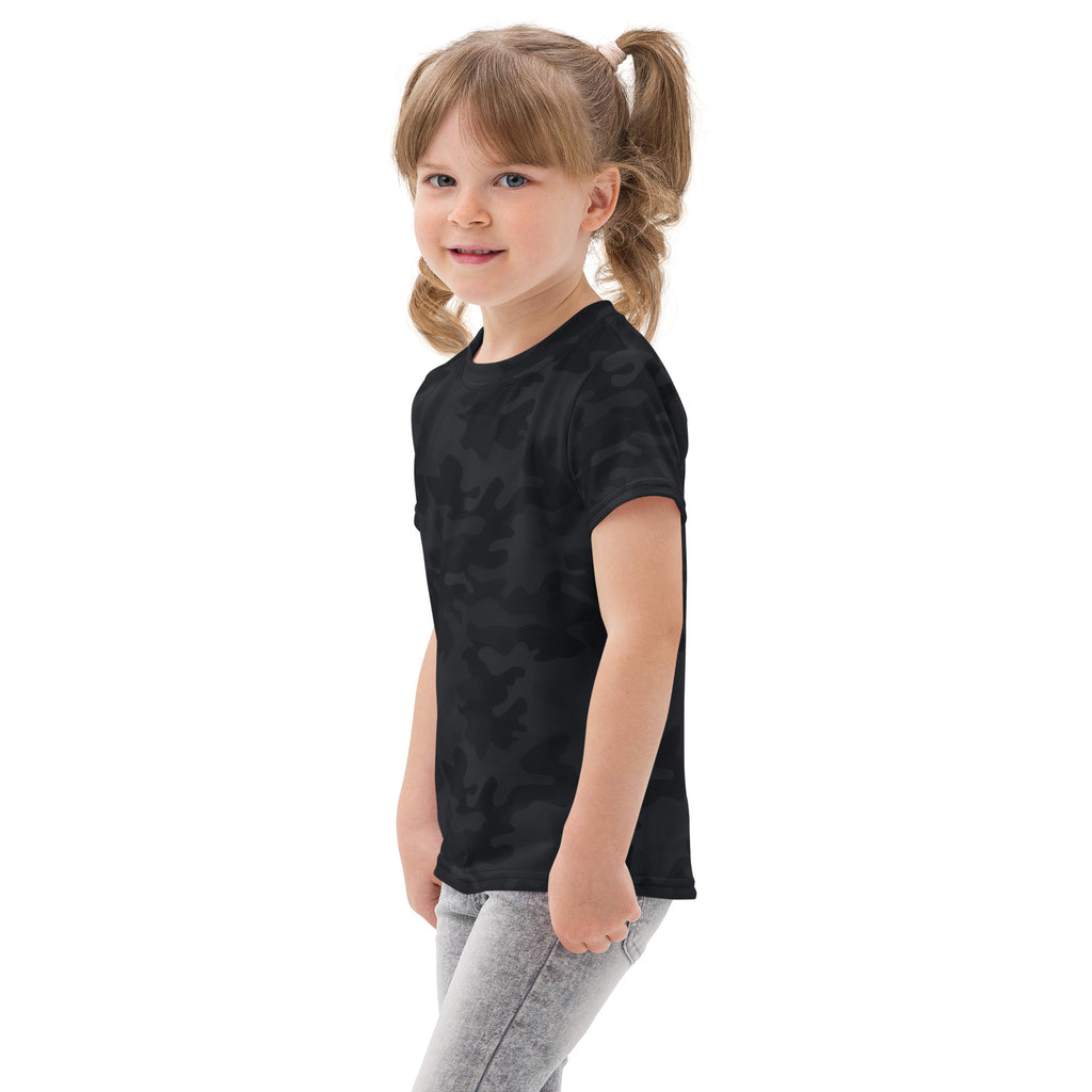 Kids black camouflage cotton short sleeve t-shirt featuring a stylish camo pattern for casual wear