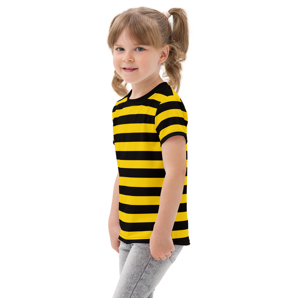 A kids yellow and black stripes bee cotton short sleeved t shirt with bold horizontal stripes