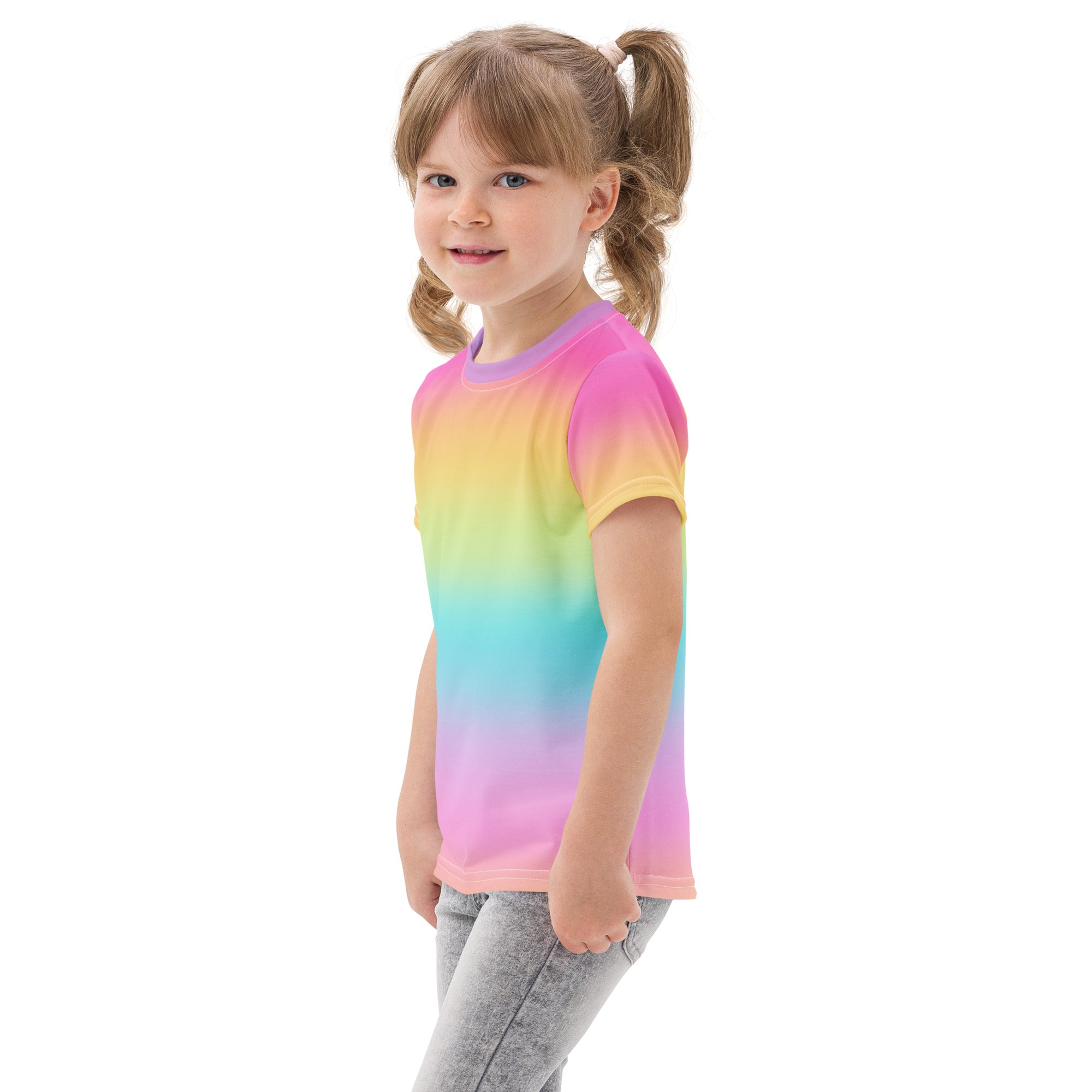 Girls bright rainbow cotton t-shirt with short sleeves and round neckline in a vibrant pink yellow blue gradient