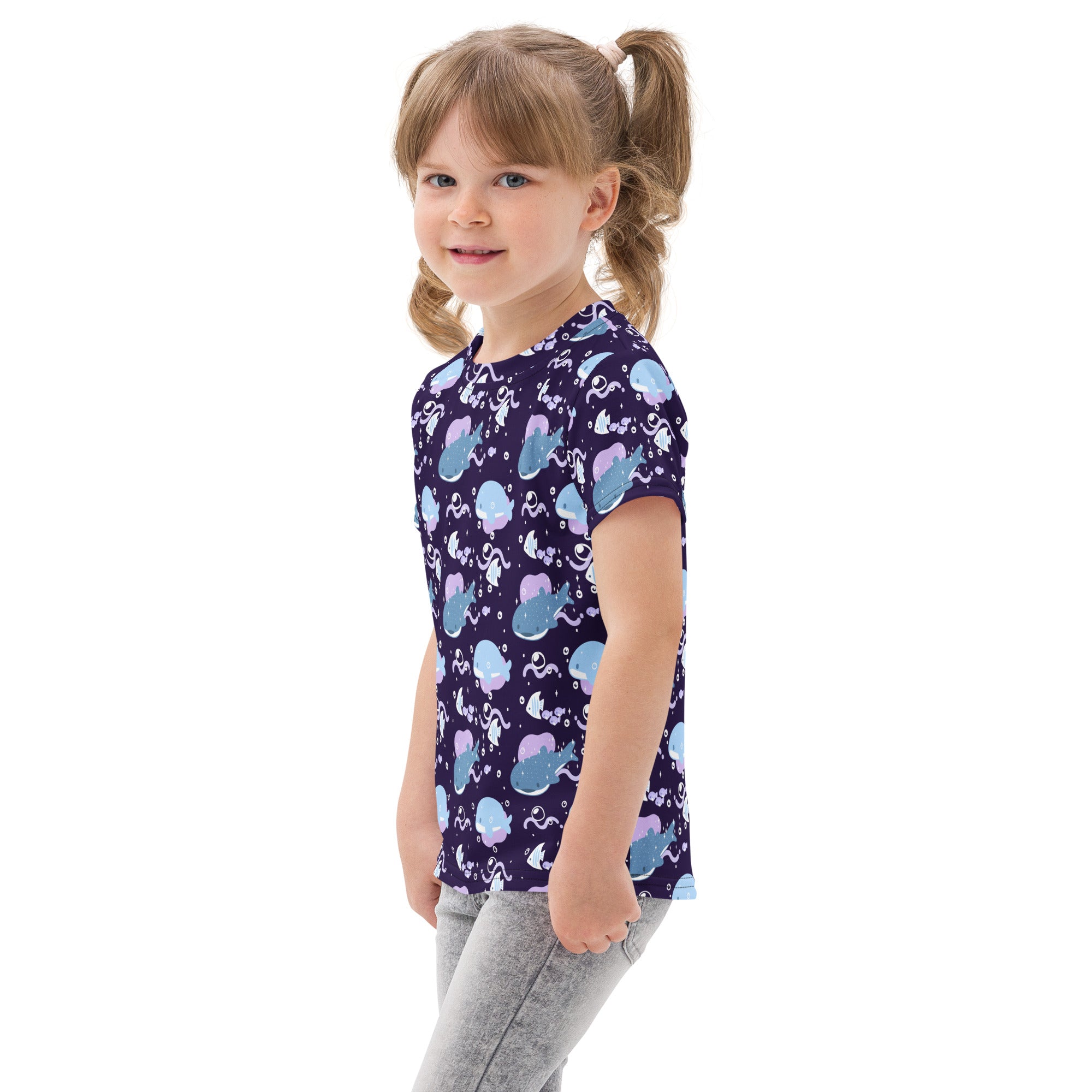 Kids purple whale shark cotton t shirt navy blue short sleeve with light blue and purple whale and sea creature pattern