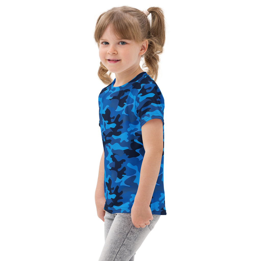 Kids blue camouflage cotton t-shirt with short sleeves featuring a blue and black camouflage pattern