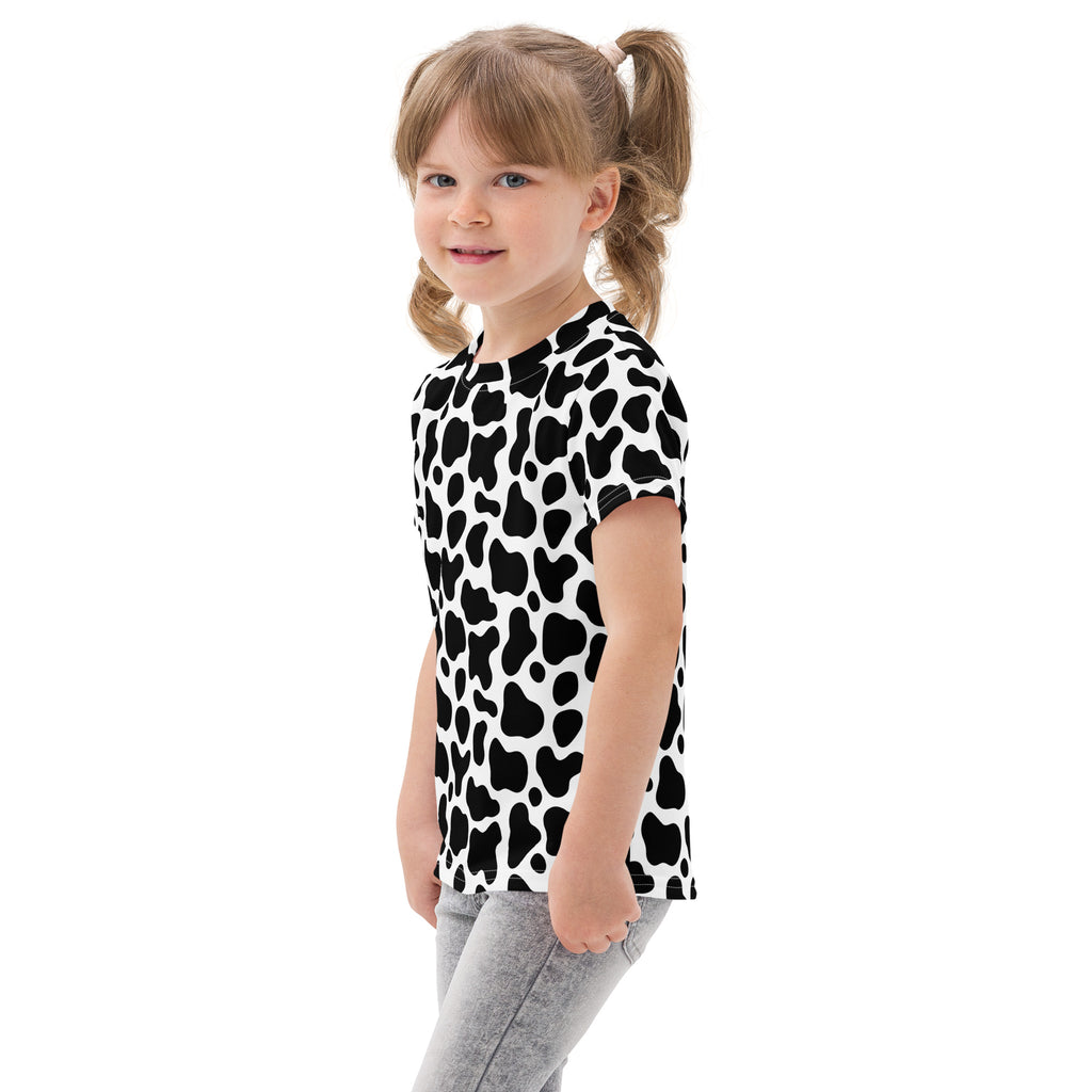 Kids black and white cow print short-sleeved cotton t-shirt featuring a playful monochrome pattern