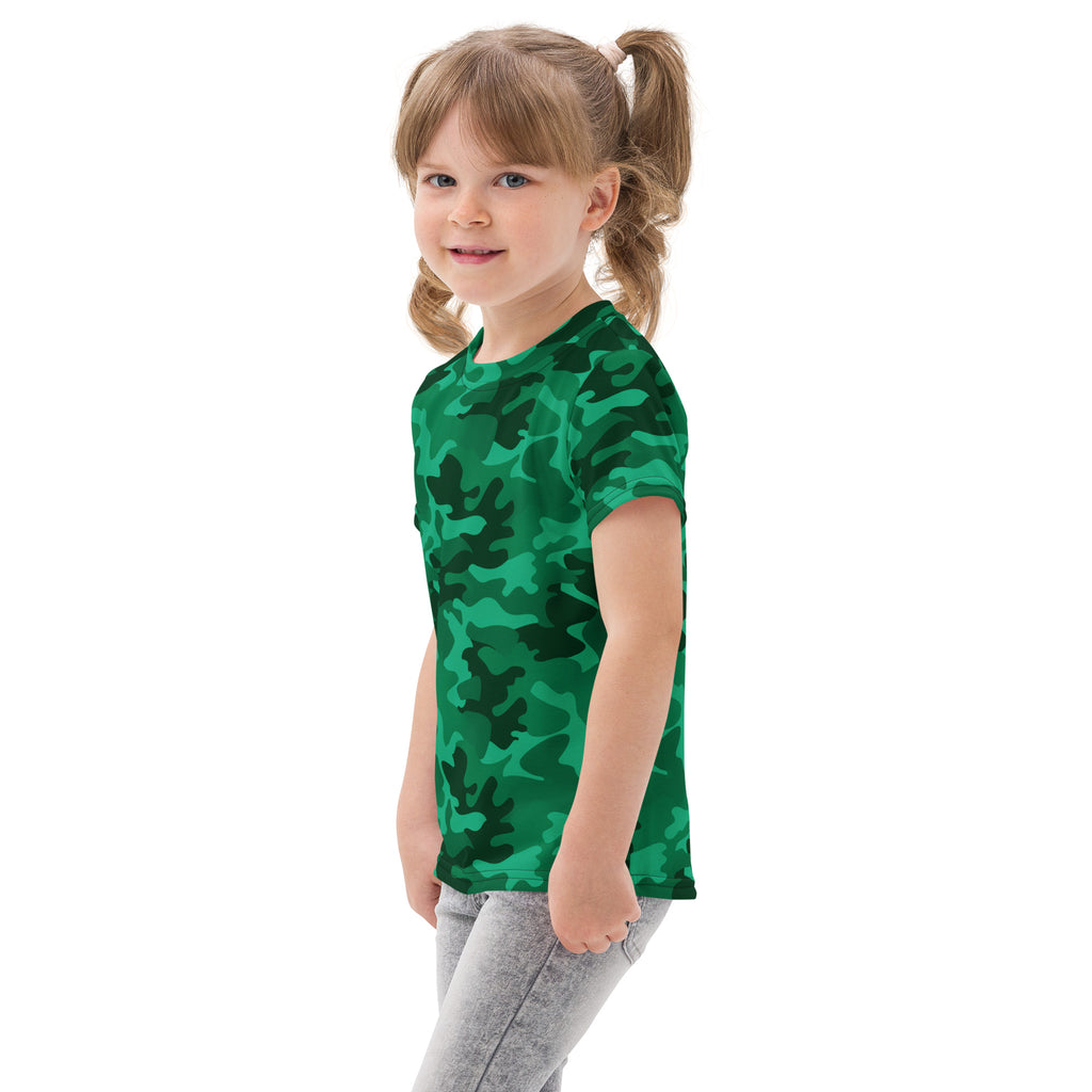 Kids green camouflage cotton t-shirt with short sleeves featuring a classic camouflage pattern