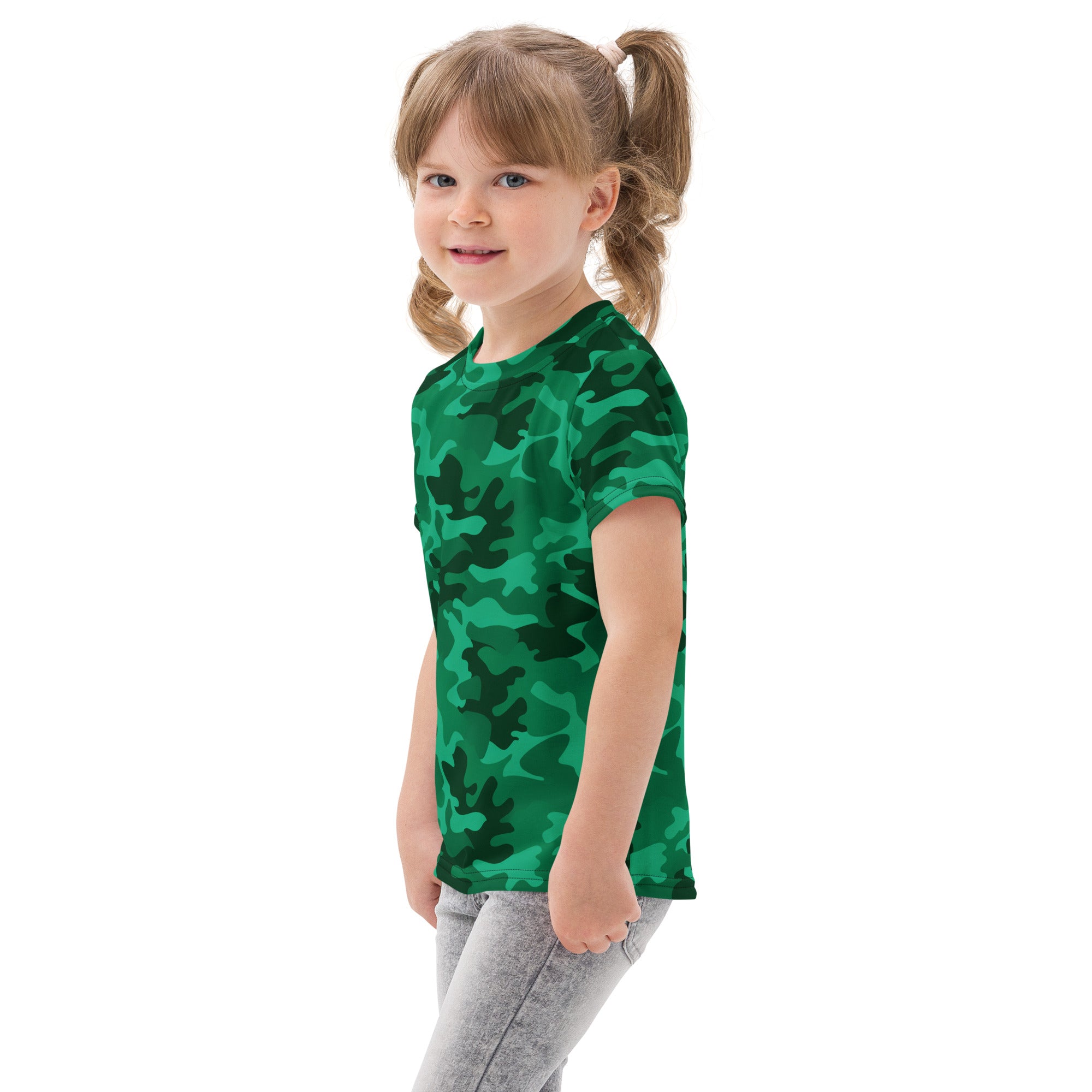 Kids green camouflage cotton t-shirt with short sleeves featuring a classic camouflage pattern