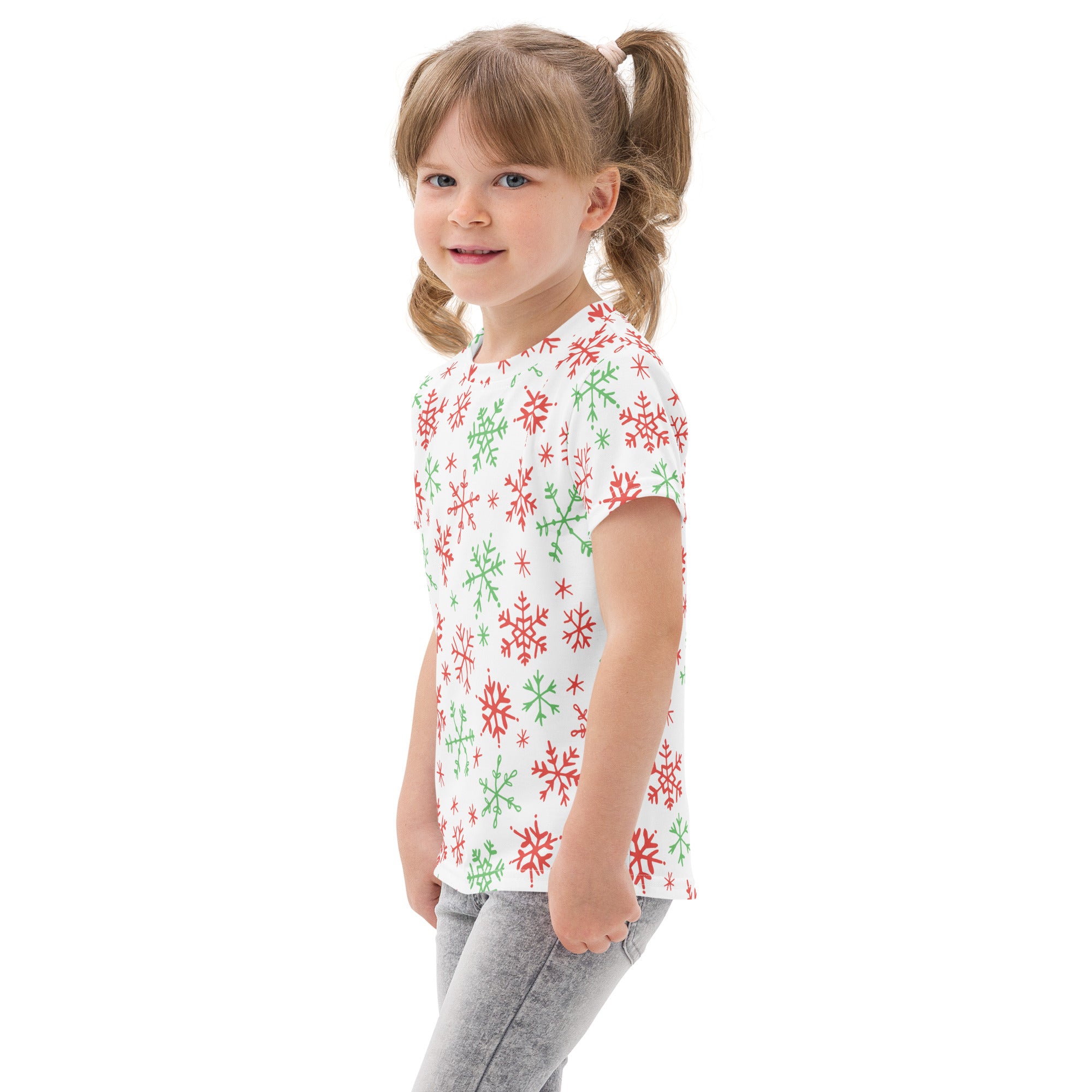White kids short-sleeved cotton t-shirt with red and green snowflake patterns for Christmas wear