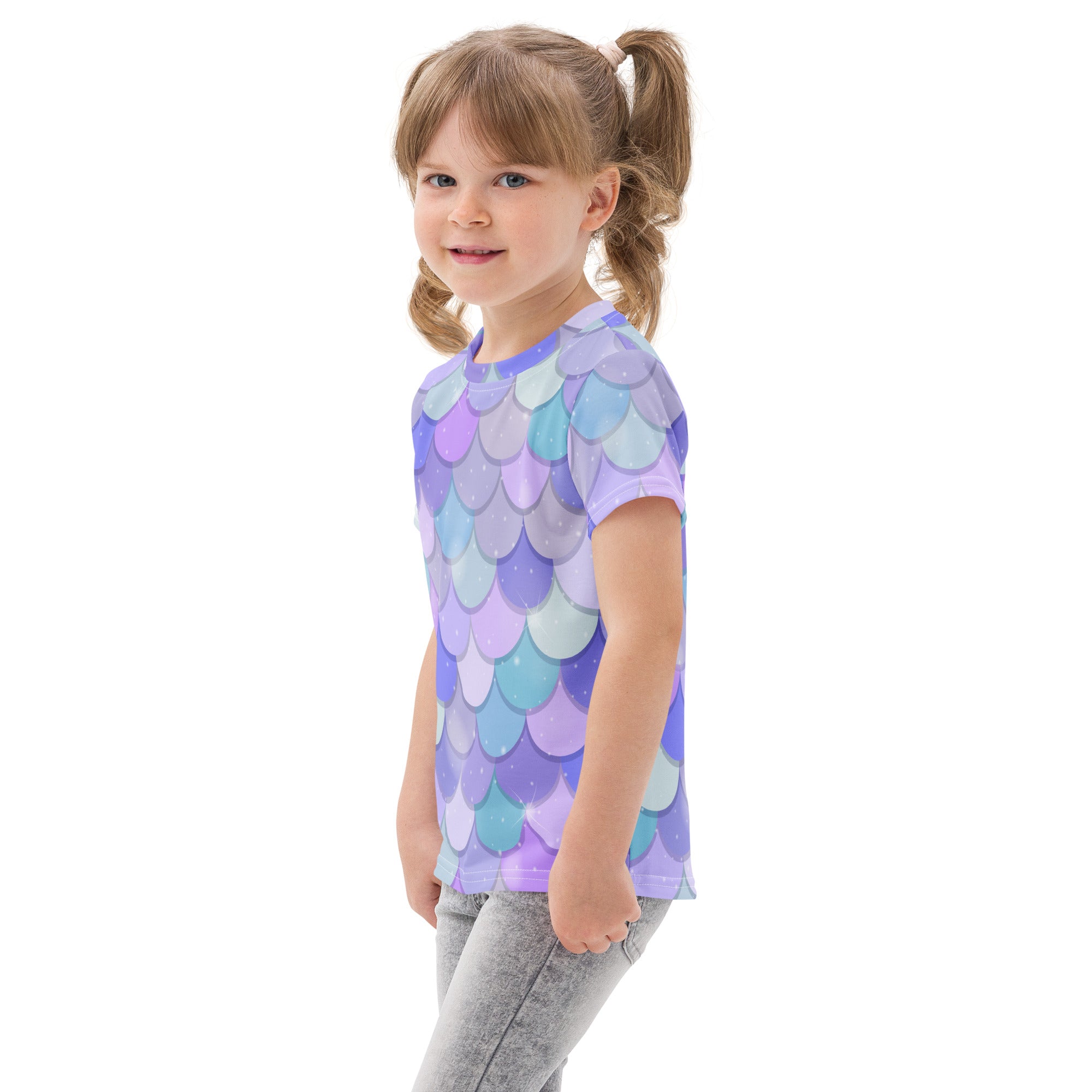 Girls purple mermaid cotton t-shirt with short sleeves and vibrant gradient mermaid scale pattern in purple and blue