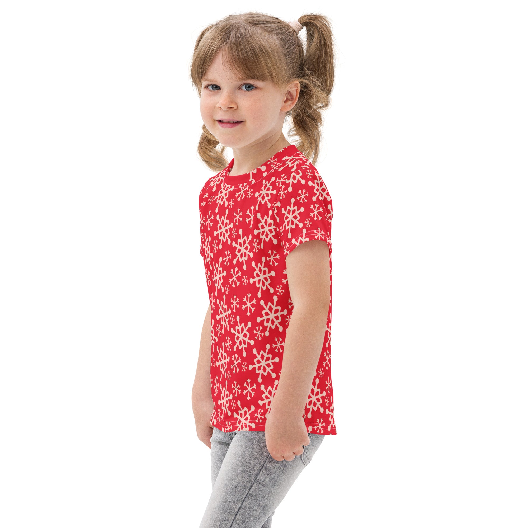 Kids red short-sleeved cotton t-shirt with white snowflake pattern for Christmas wear