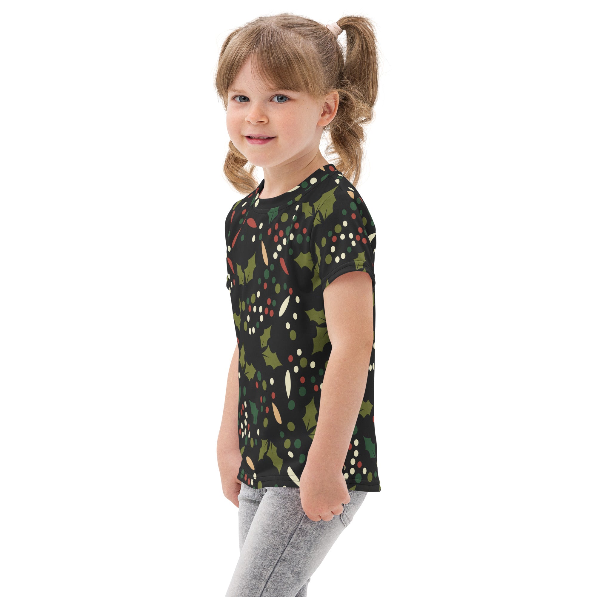 Kids holly berry christmas cotton t-shirt in black with festive green holly leaves red berries and white dots pattern