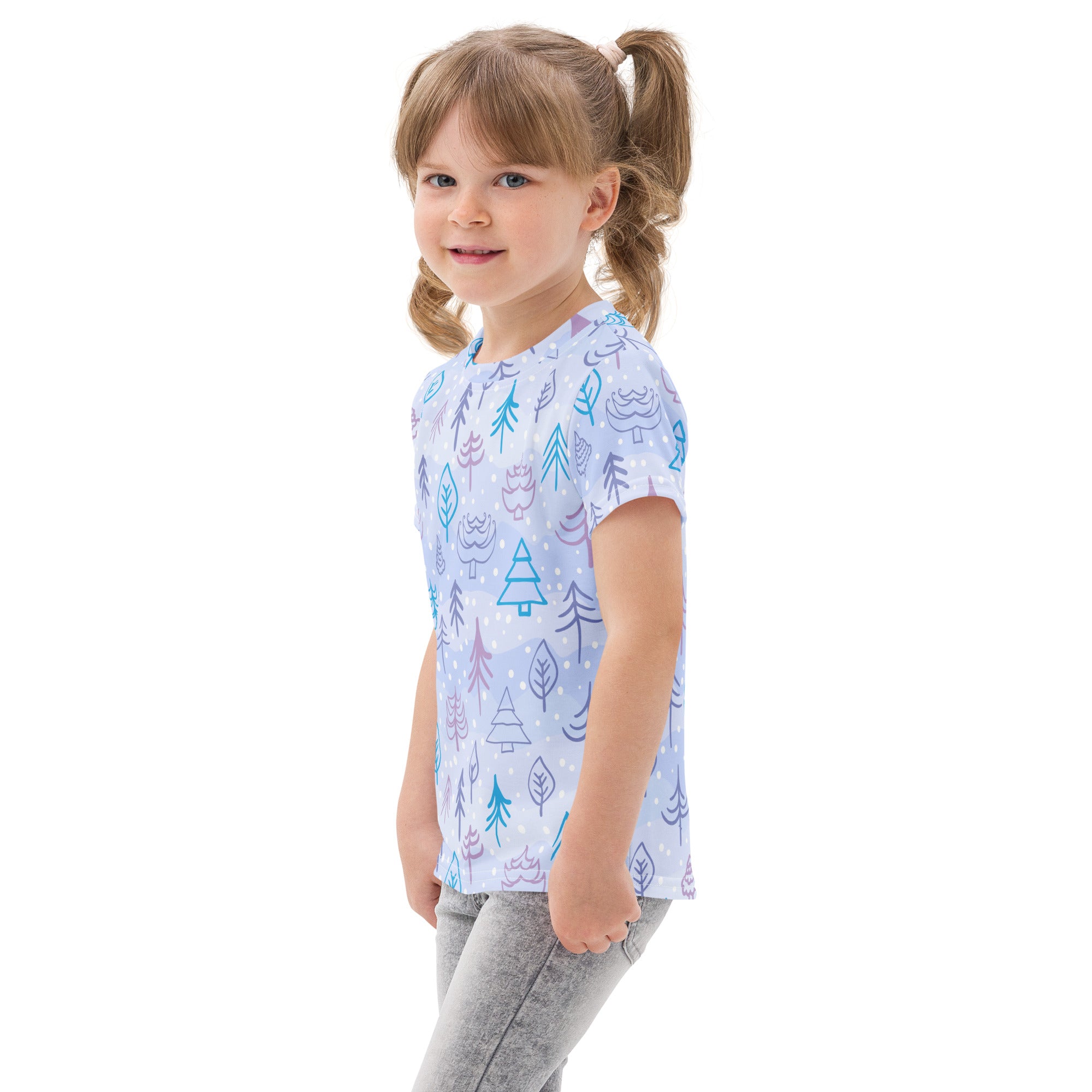 Kids winter forest cotton t-shirt featuring a light blue short-sleeved design with playful teal purple and white tree patterns