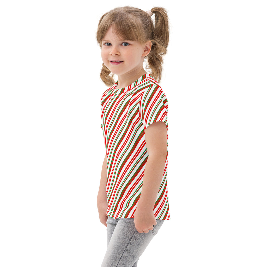 A child wearing a kids candy cane stripe cotton t-shirt with red green and white diagonal stripes