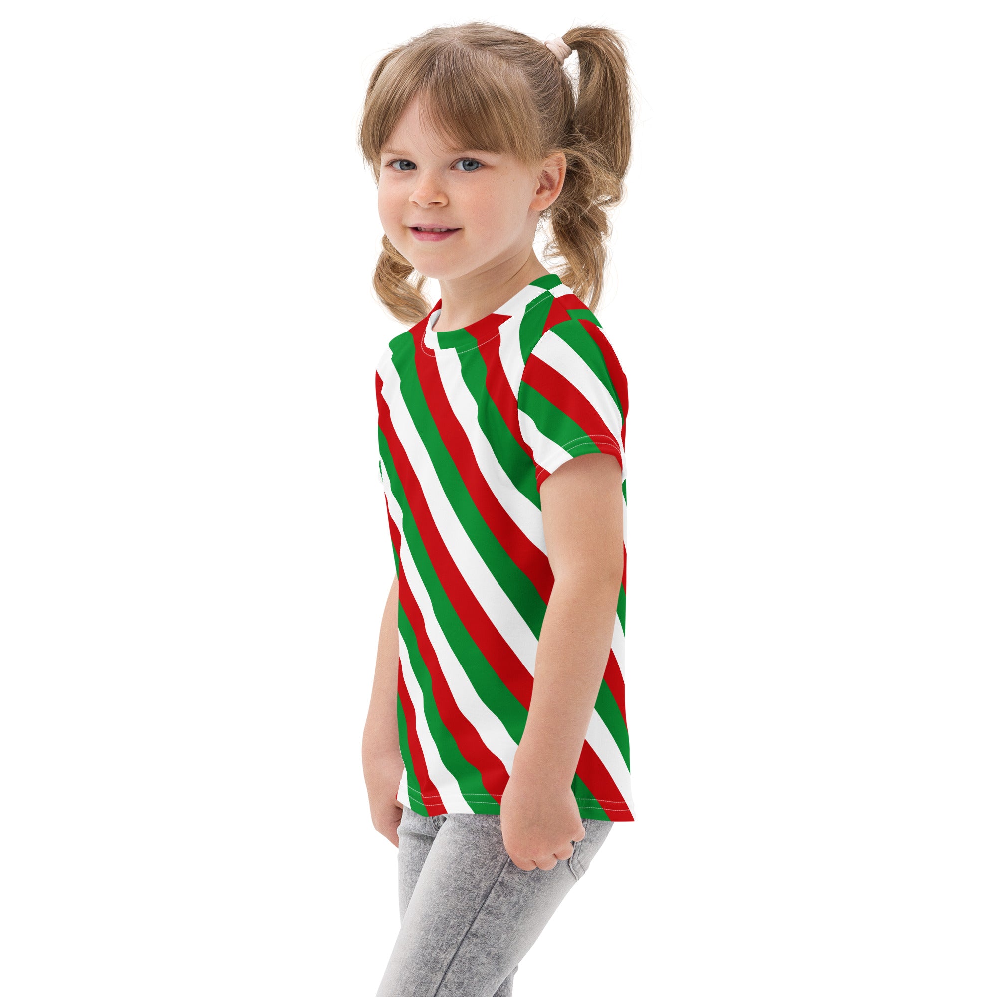 A child wearing a kids bold candy cane stripe cotton t-shirt with red green and white diagonal stripes