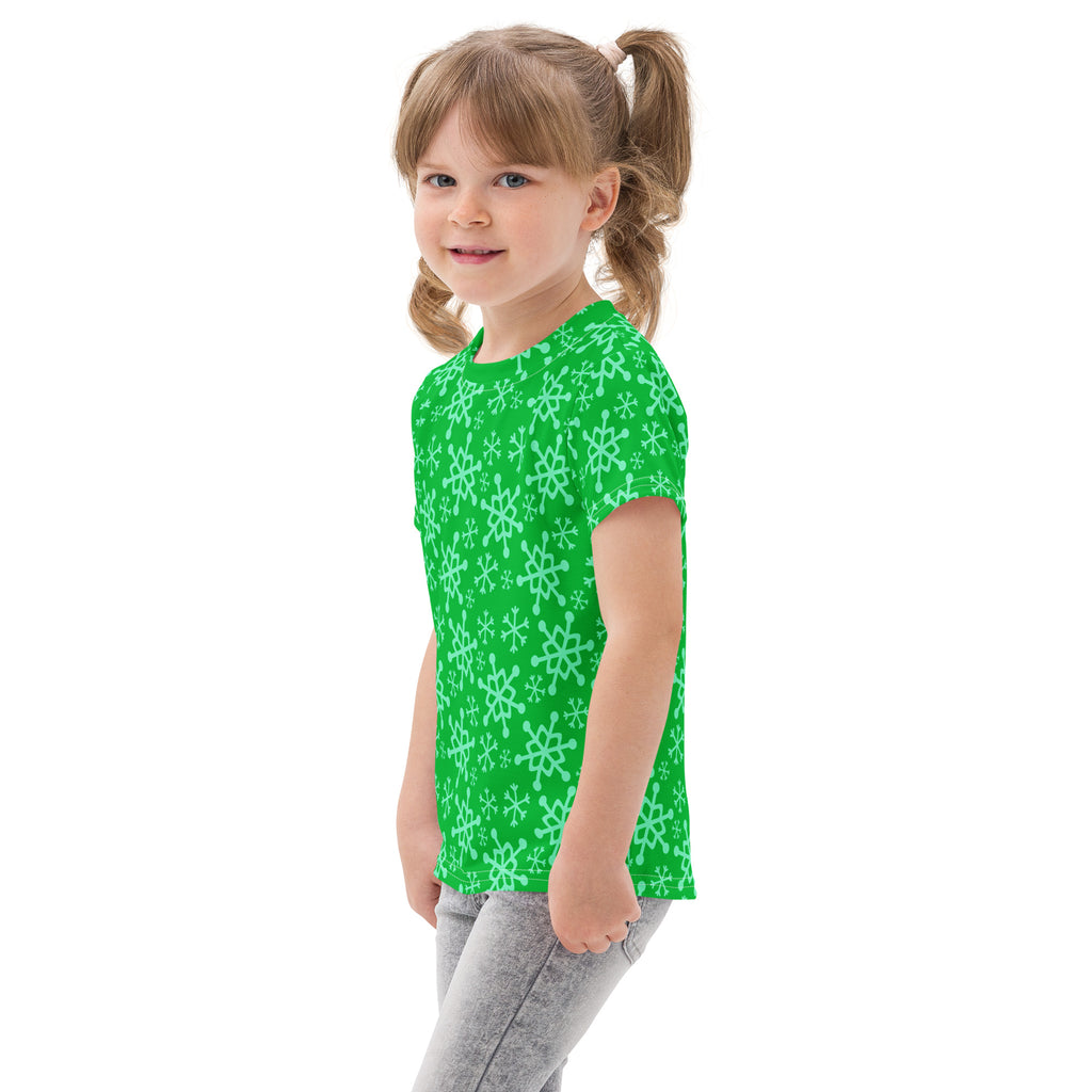 Kids green cotton t-shirt with short sleeves and mint snowflake pattern perfect for Christmas wear