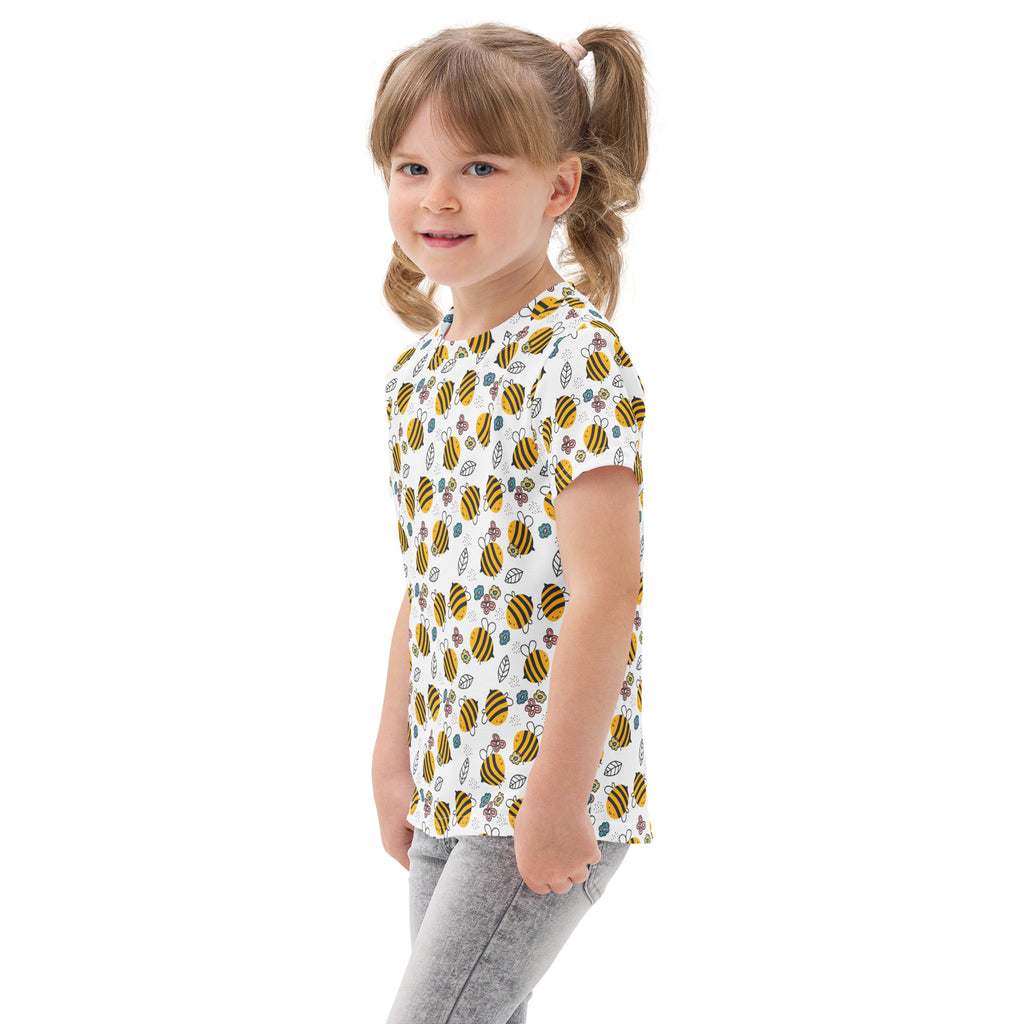 Kids floral yellow bumblebee cotton t-shirt with white short sleeves and playful bee leaf and flower pattern