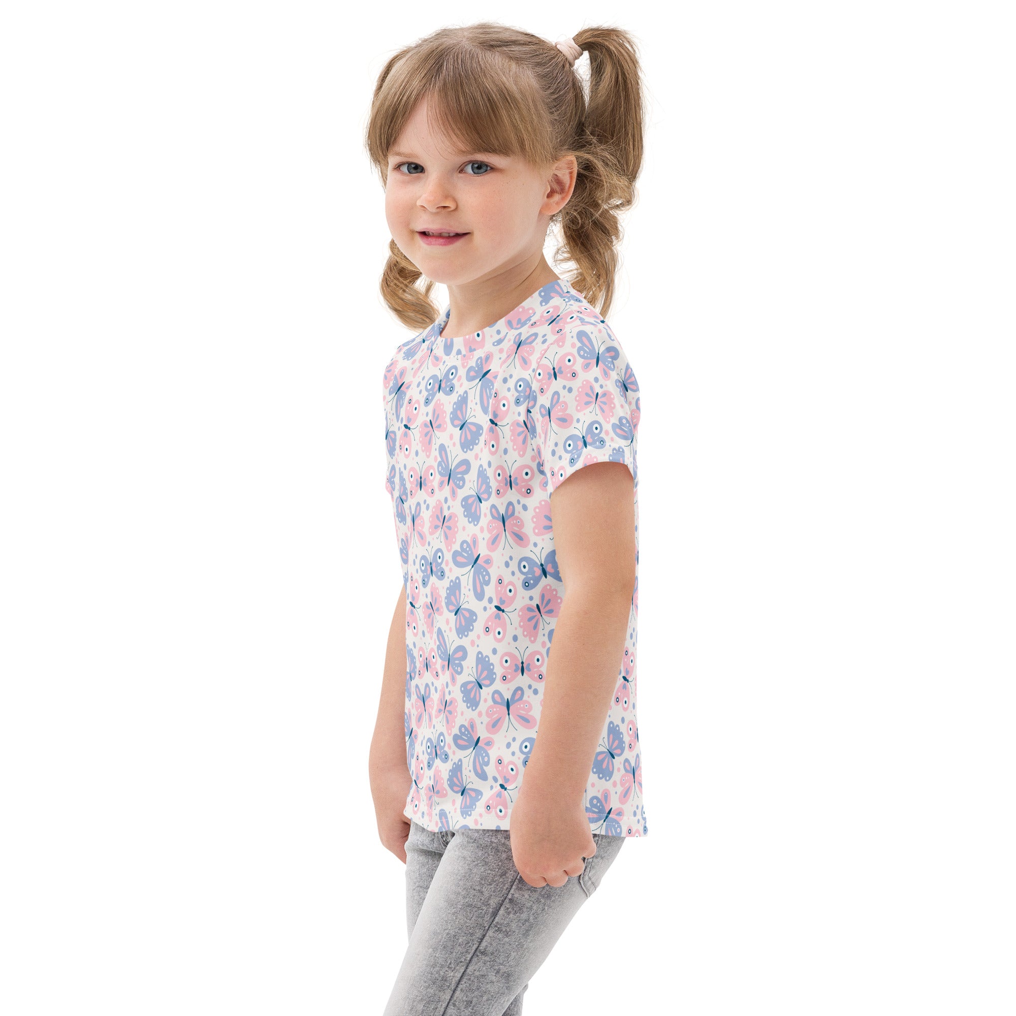 Girls pastel butterfly cotton t-shirt with short sleeves and a playful pink and blue butterfly pattern on white background