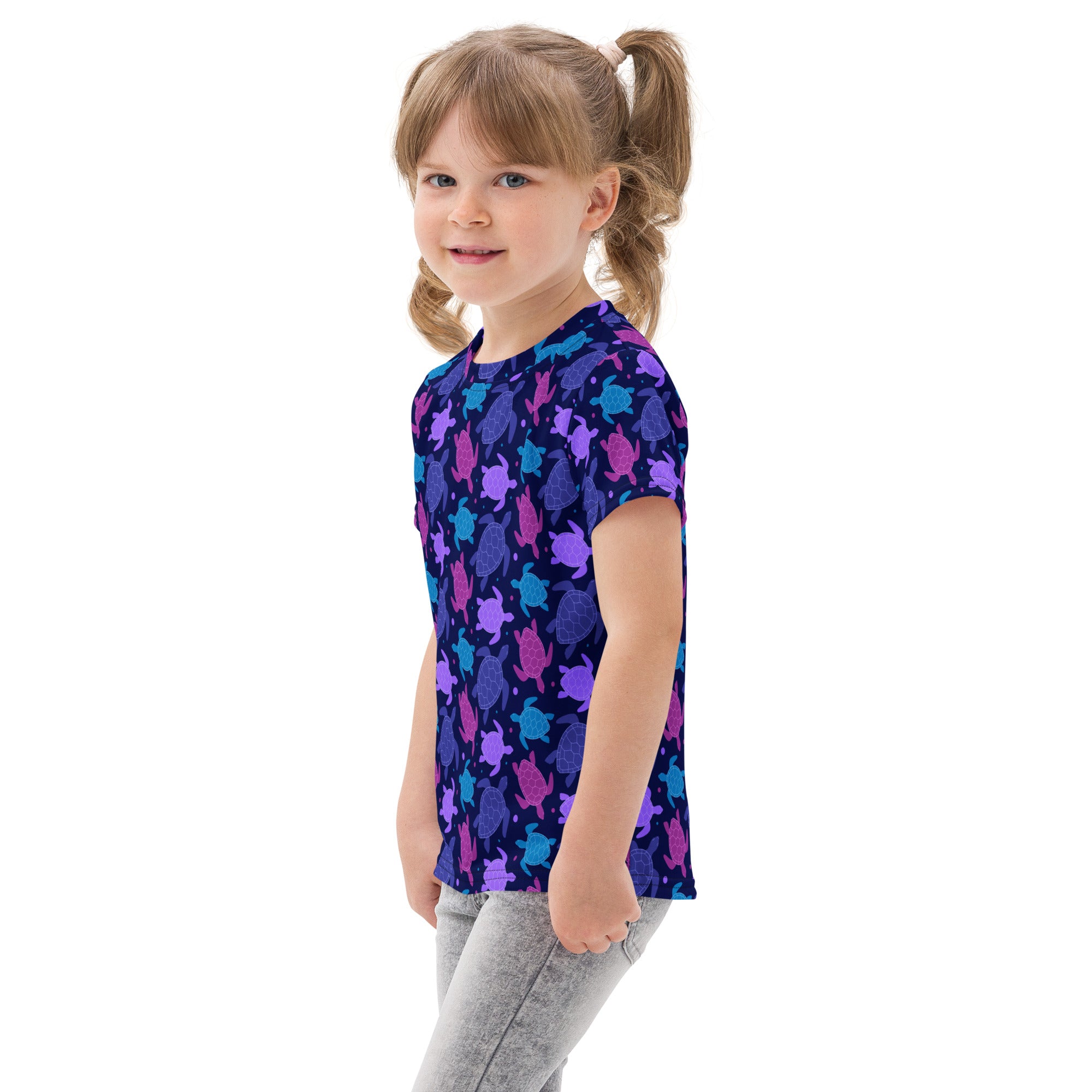 Girls purple sea turtle cotton t-shirt with vibrant short sleeves and colorful sea turtle pattern on navy background
