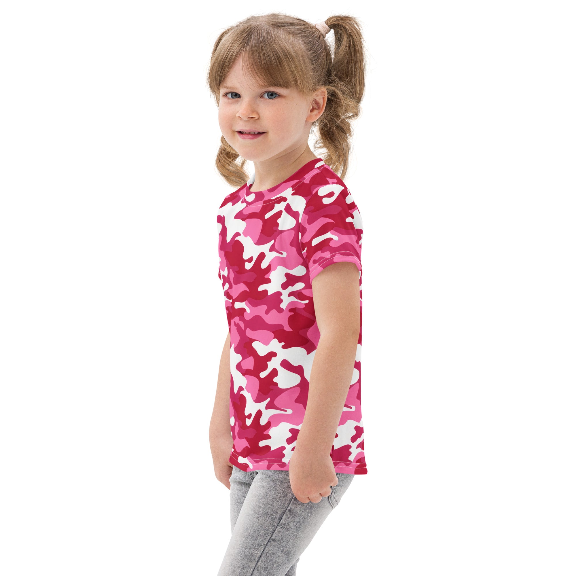 Girls bright pink camouflage cotton t-shirt with pink and white short sleeves for casual wear