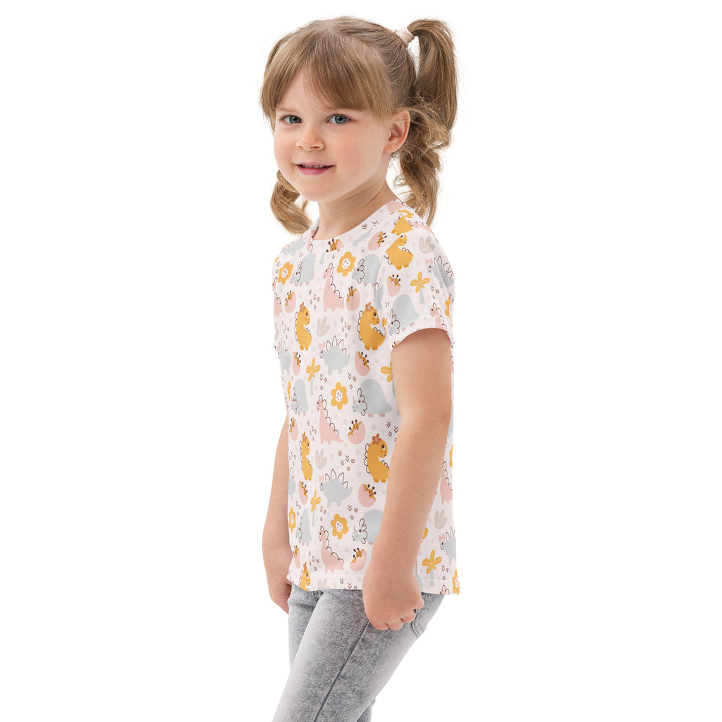 Girls floral dinosaur cotton t-shirt in white with cartoon dinosaur flower and cloud pattern in soft yellow pink and gray tones