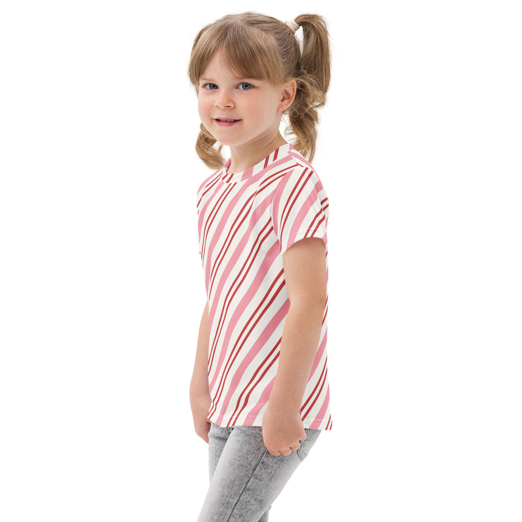Girls pink and white candy cane stripes short-sleeve cotton t-shirt with diagonal stripe pattern