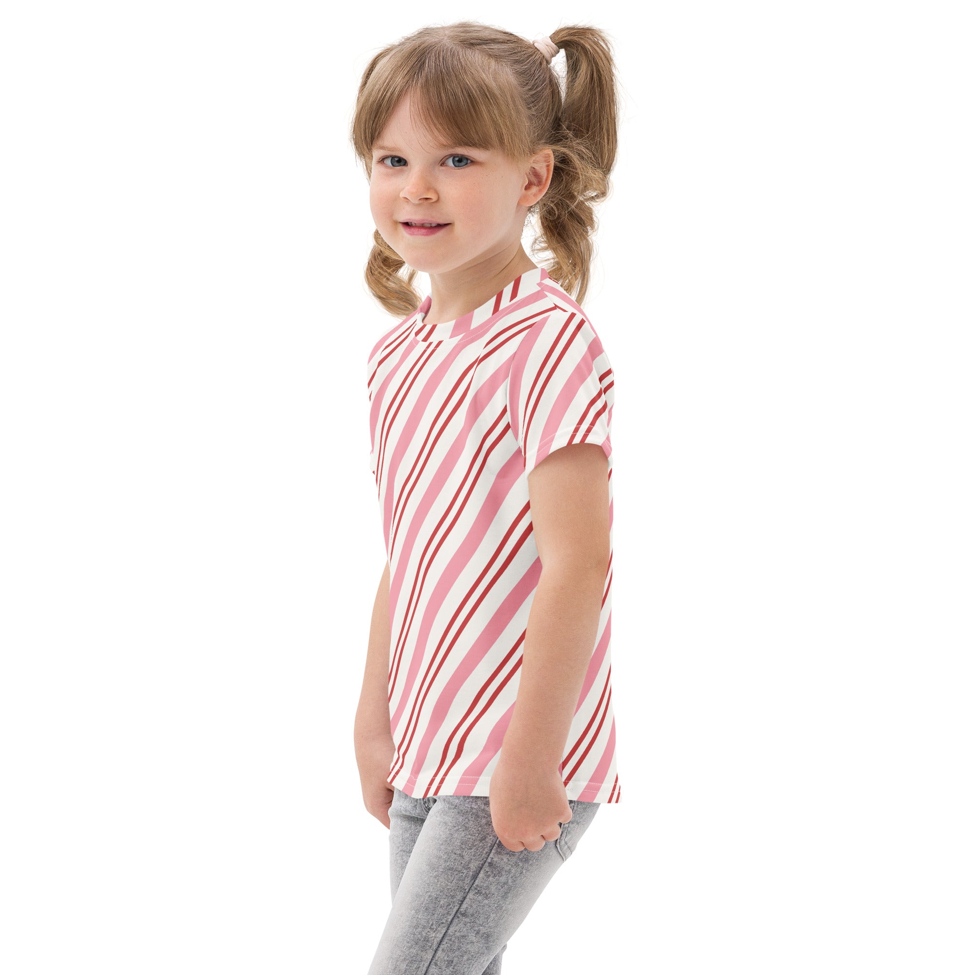 Girls pink and white candy cane stripes short-sleeve cotton t-shirt with diagonal stripe pattern