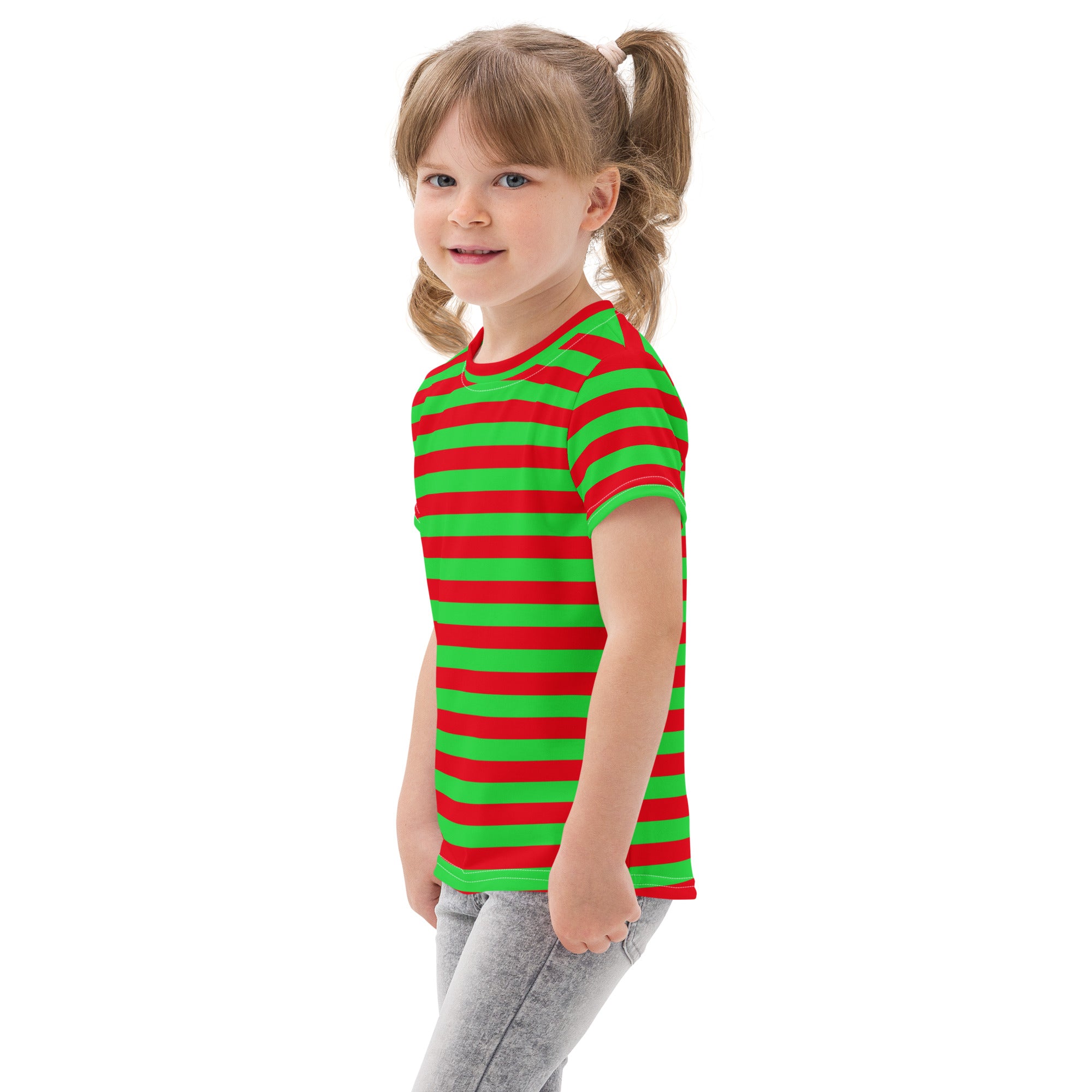 A child wearing a kids red and green Christmas striped cotton short-sleeve t-shirt