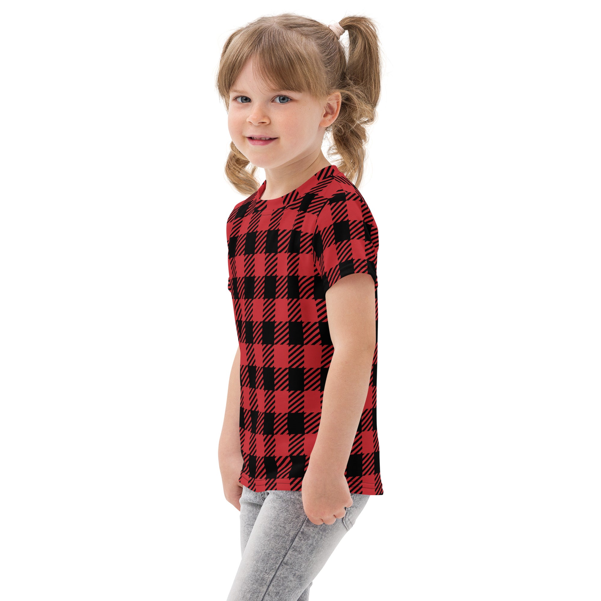 Kids red buffalo plaid cotton t-shirt featuring a red and black short-sleeved classic checkered pattern