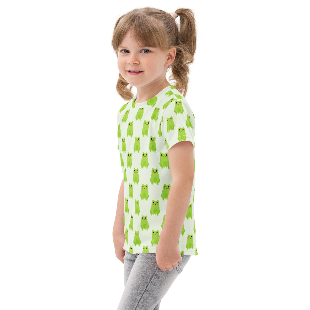 Kids green frogs cotton t-shirt with bright green cartoon creatures on a light off-white short-sleeved fabric