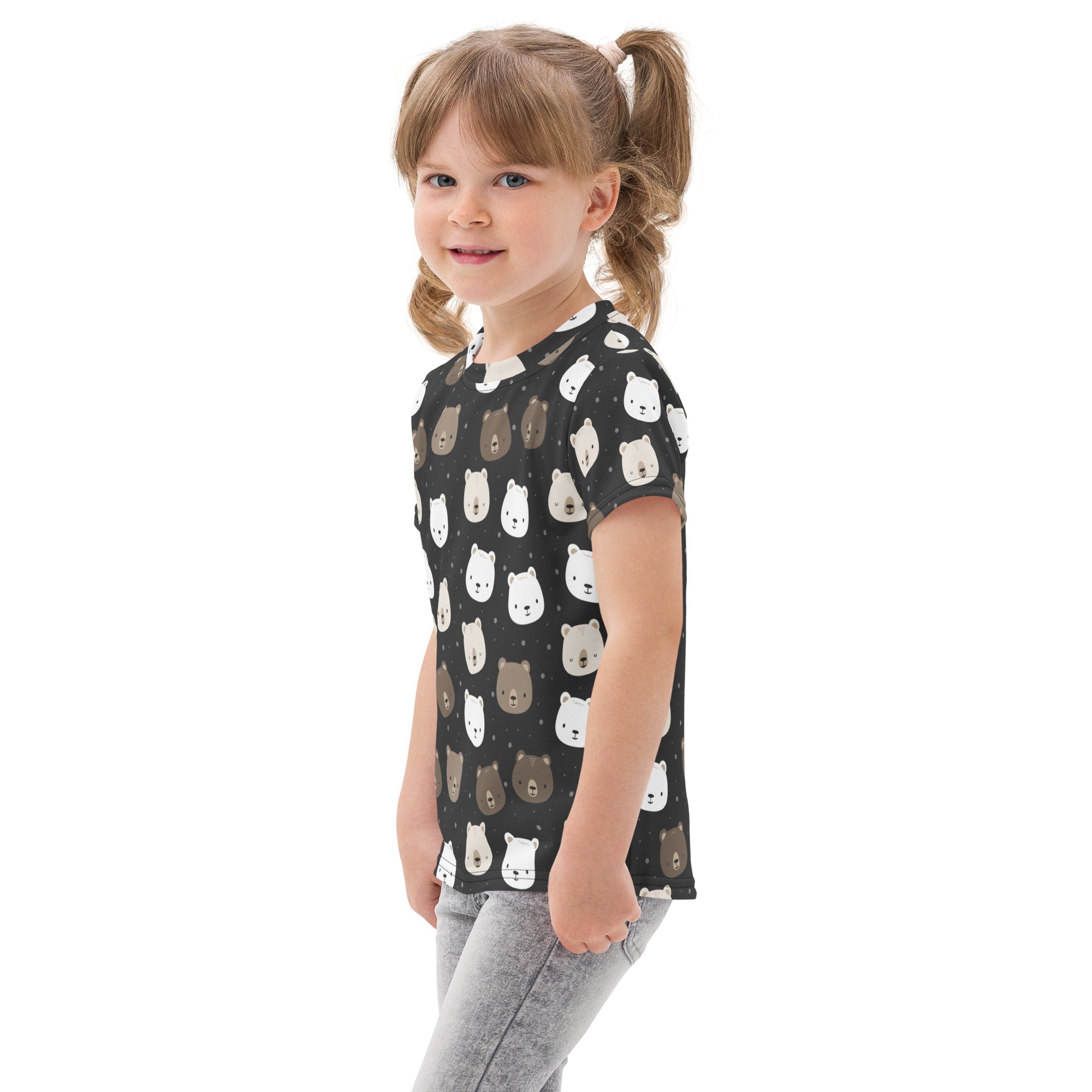 Kids bear face cotton t-shirt black short-sleeved with playful white and brown bear face pattern