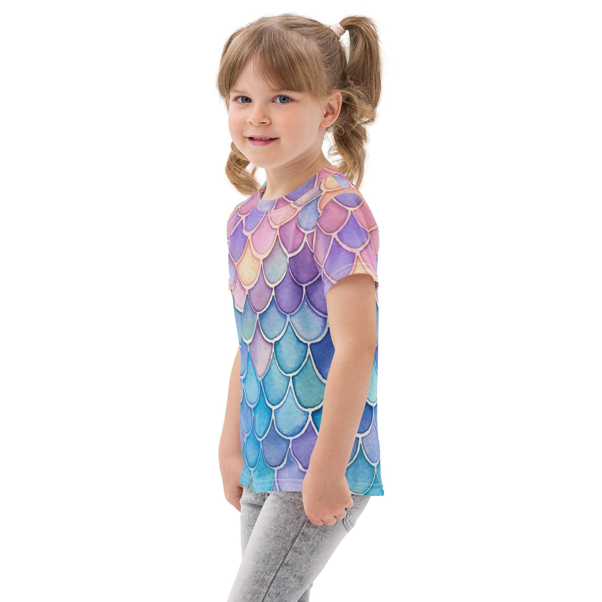 Girls watercolor mermaid cotton t-shirt with vibrant purple pink blue and teal gradient short-sleeved pattern