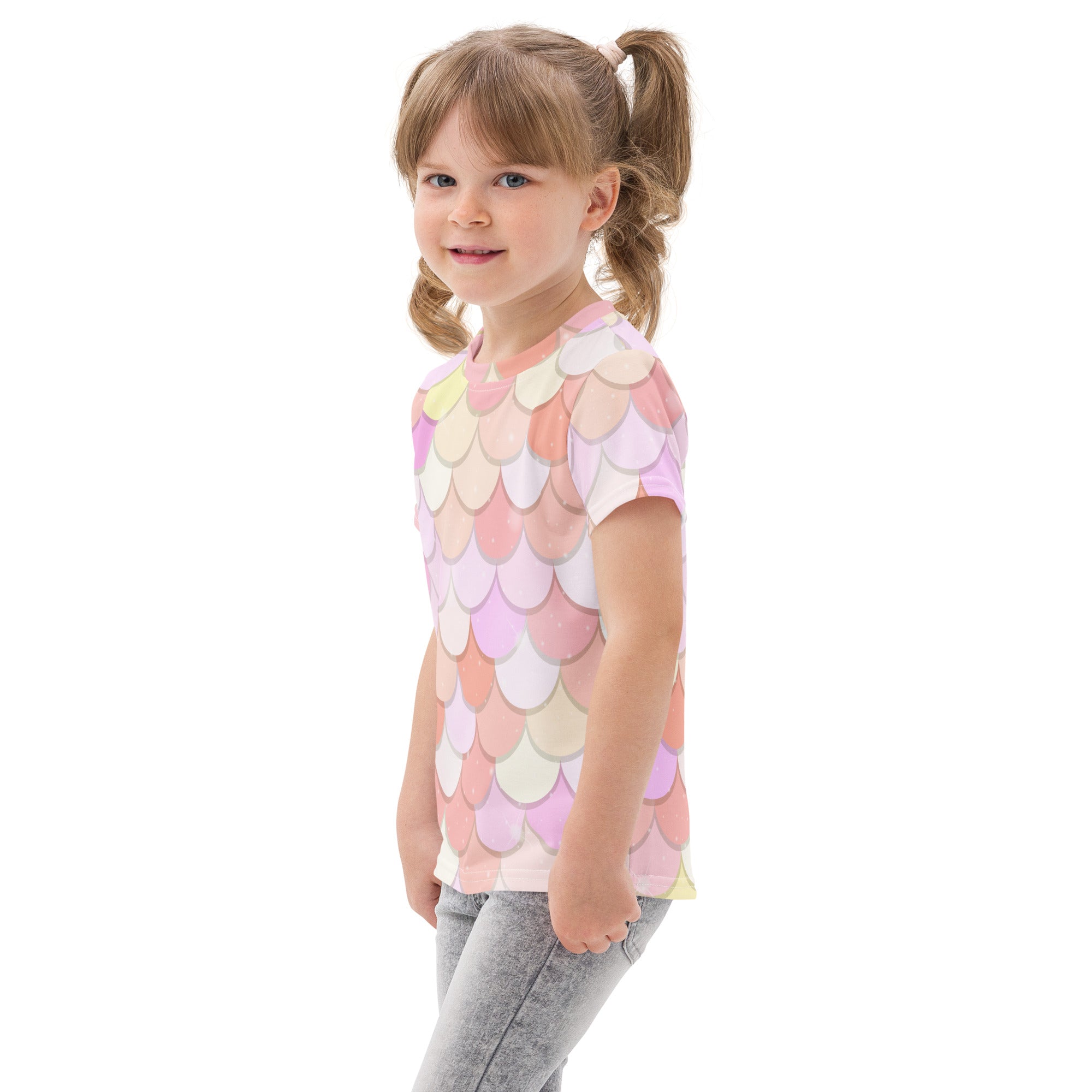 Girls pink mermaid cotton t-shirt with a short-sleeved pastel scale pattern in pink lavender and cream