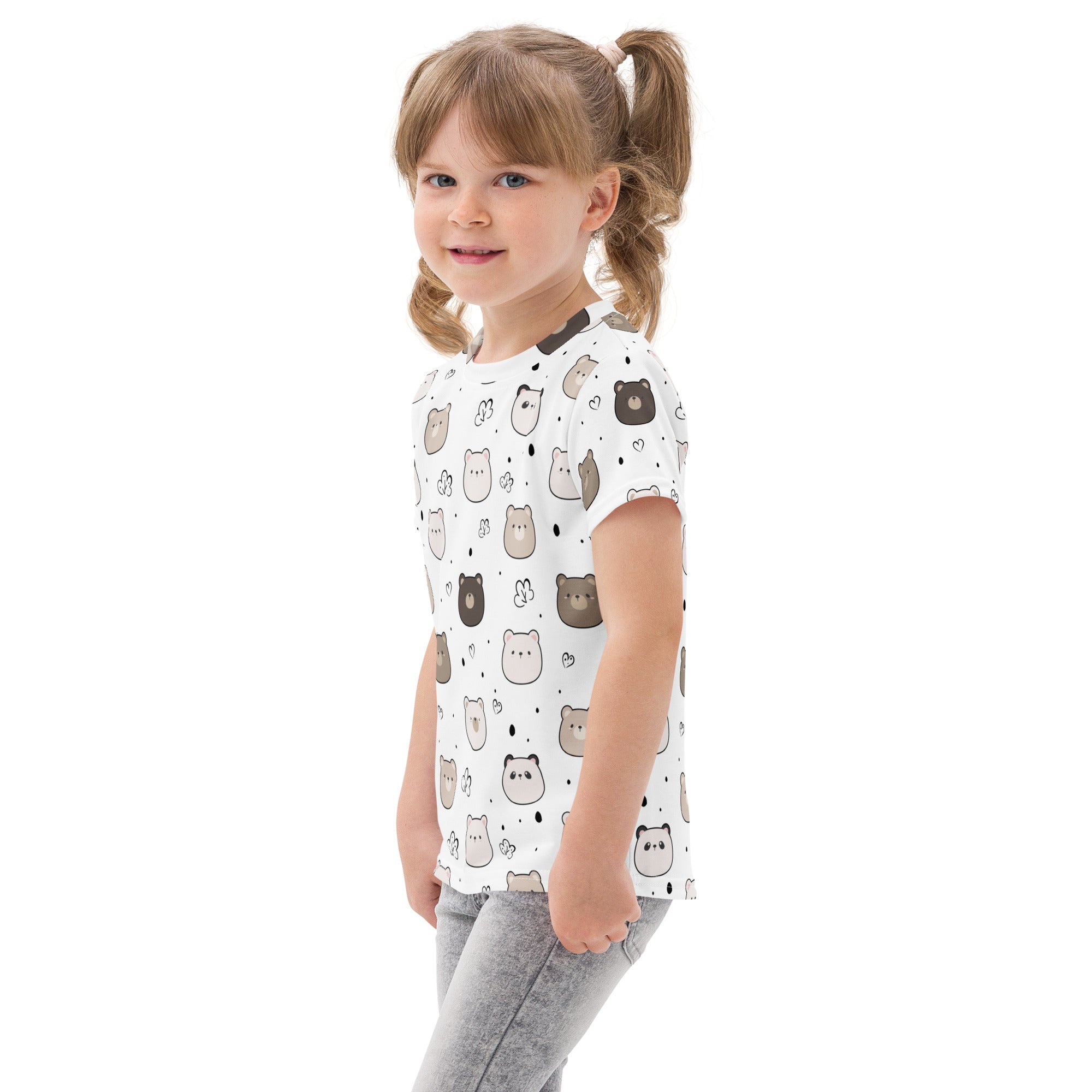 White cotton kids t-shirt with short sleeves featuring playful cartoon bear faces in brown and gray with hearts and dots