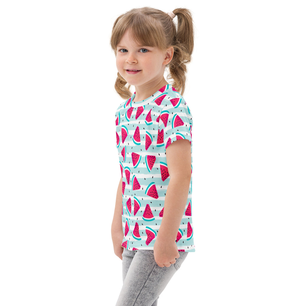 Kids watermelon summer stripes cotton t-shirt with pink watermelon slices on light blue and white stripes