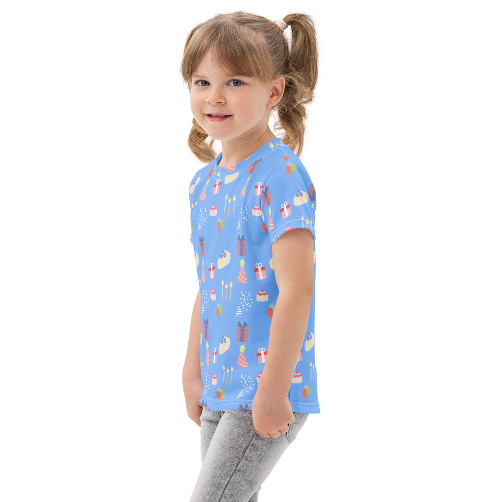 Kids blue birthday party cotton t-shirt with light blue color and playful birthday cake present candle pattern