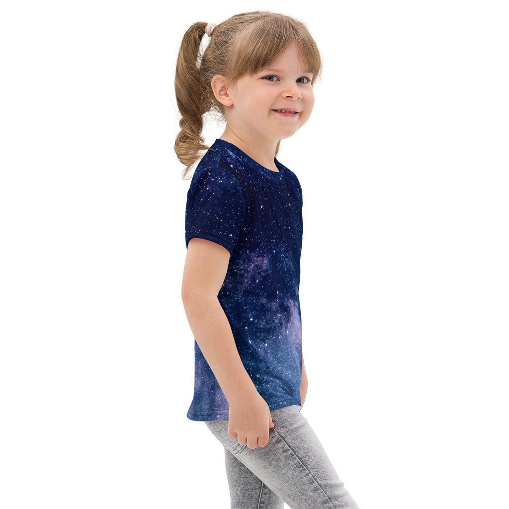 A child wearing a navy blue kids realistic galaxy cotton t-shirt with stars and nebulae cosmic print