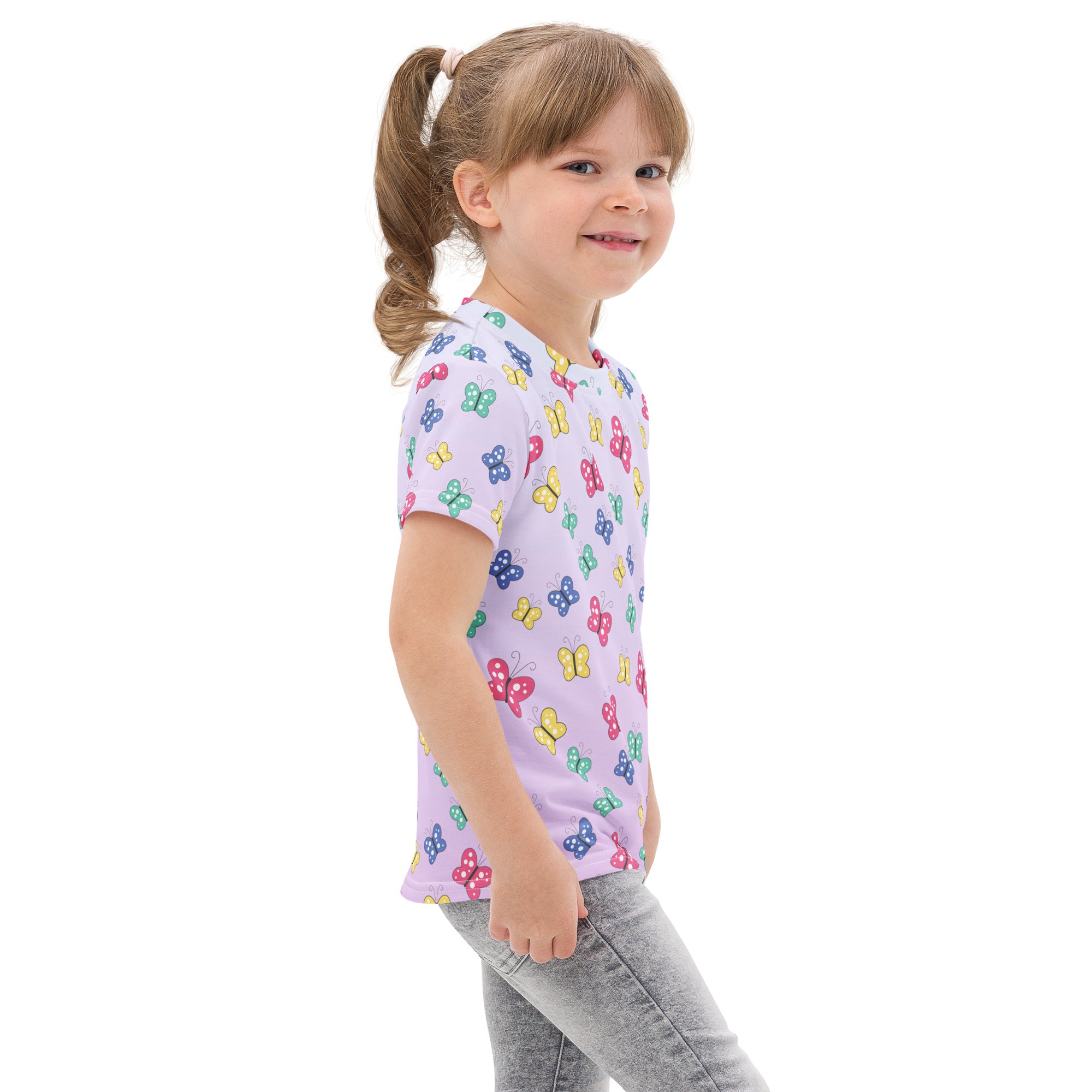 Girls colorful butterflies cotton t-shirt in lavender with multicolored butterfly pattern and short sleeves