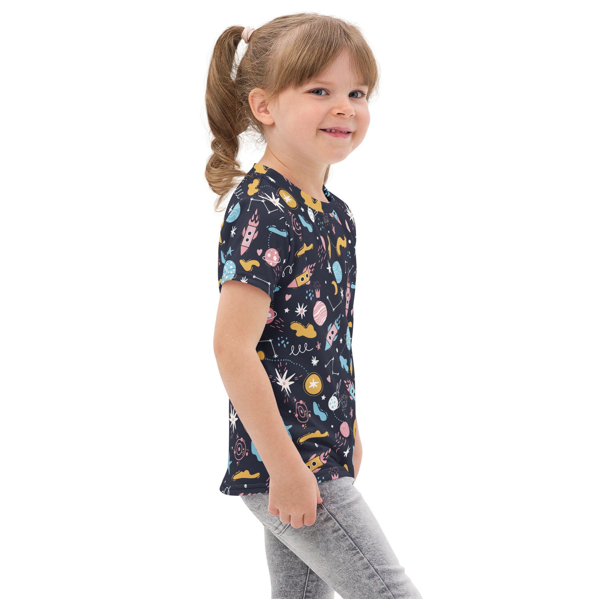 Navy blue kids outer space cotton t-shirt with short sleeves and colorful rockets planets and stars pattern